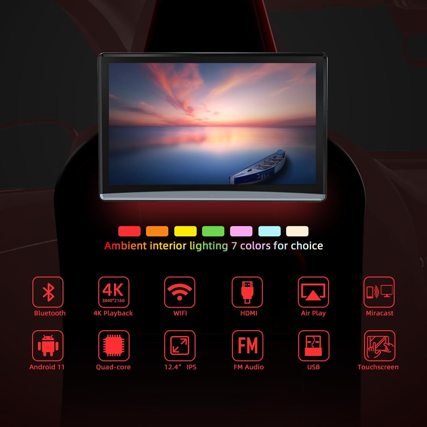 Kaskawise 12.4 Inch Android 11 Touchscreen Car Headrest Monitor 2GB RAM 32GB Storage 4K Mirror Link - Image 4