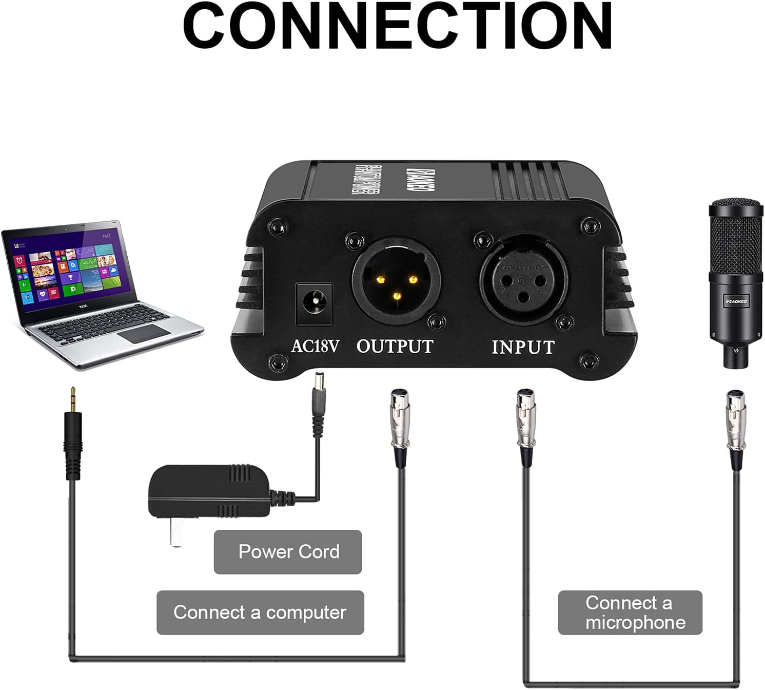 Aokeo 1-Channel 48V Phantom Power Supply with XLR Cable for Condenser Microphones - Image 4