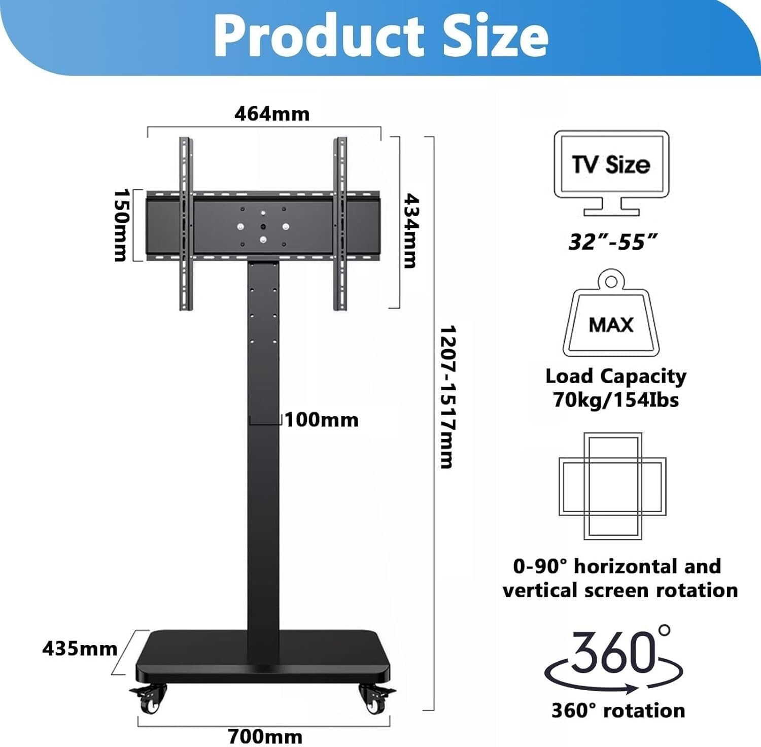 Rolling TV Cart Stand for 32-75 Inch TVs with Wheels, Adjustable Height, VESA Mount, Portable Entertainment Center - Image 2
