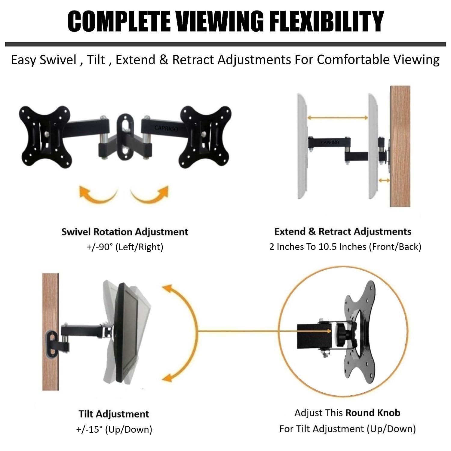 Caprigo Full Motion Rotatable TV Wall Mount for 12-27 Inch LED LCD Monitors - Image 3