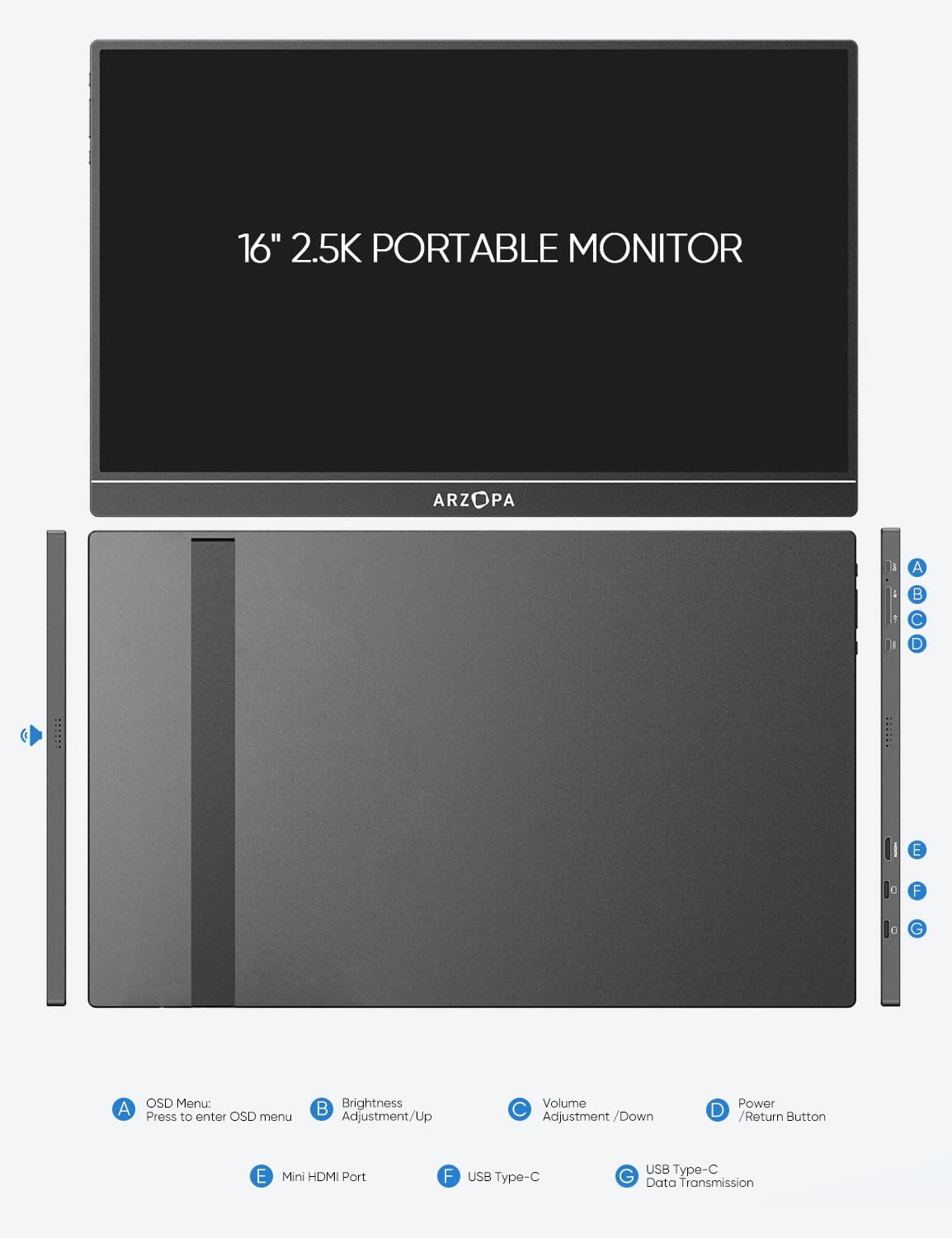 ARZOPA 16 Inch 2.5K QHD Portable Monitor 123% sRGB IPS Built-in Stand USB-C HDMI - Image 4