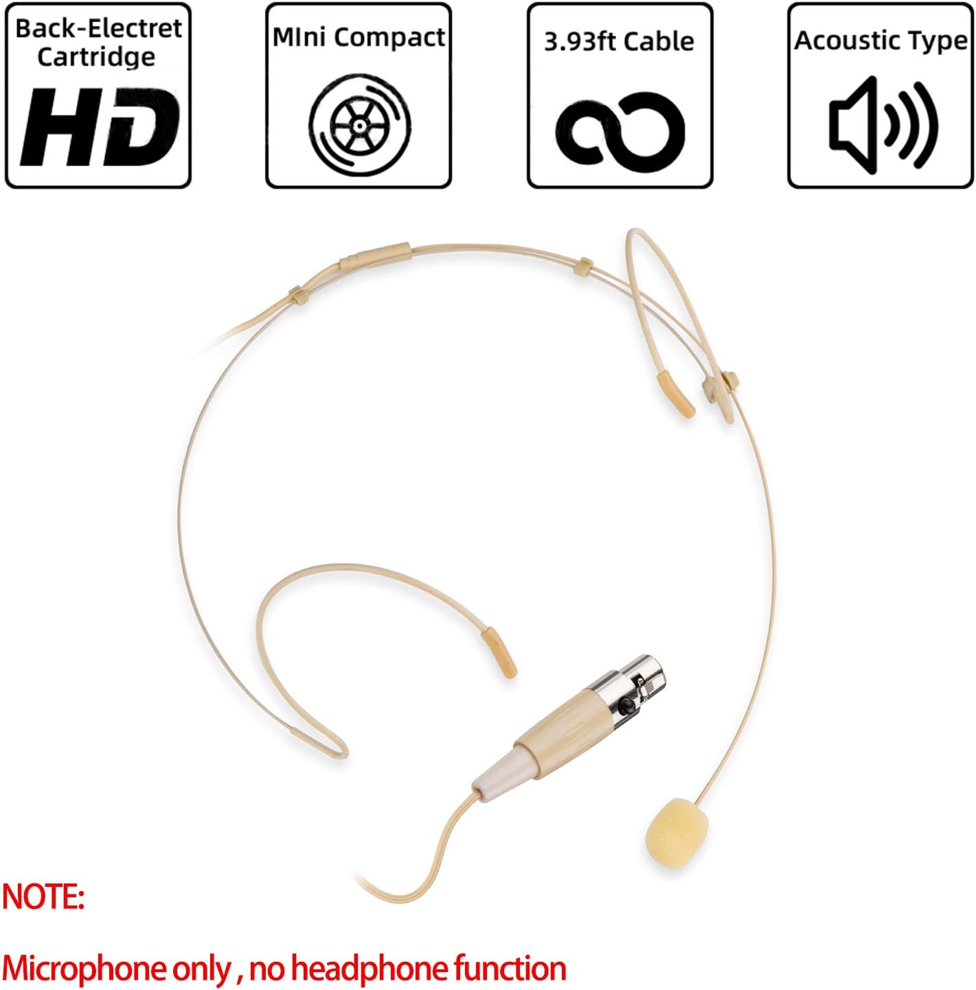 Beige Discreet Over Ear Hanging Microphone Headset with Earphone for Shure Wireless Systems - Image 2