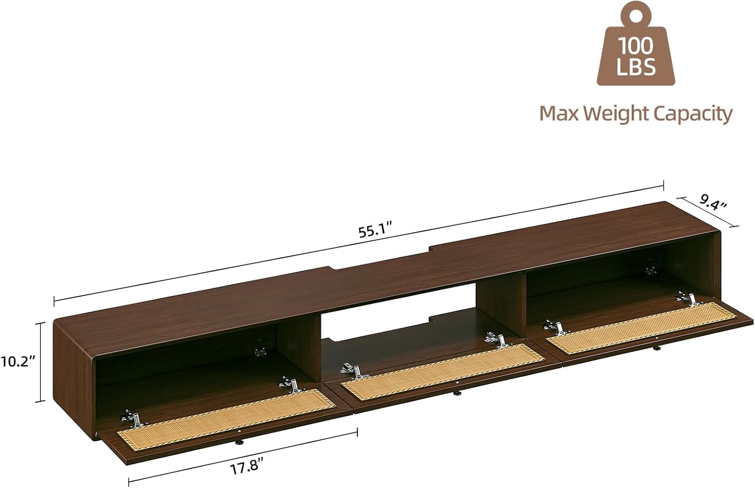 Rustic 55IN Floating TV Stand with 3 Rattan Doors, Modern Large Storage Media Console for Living Room - Image 2