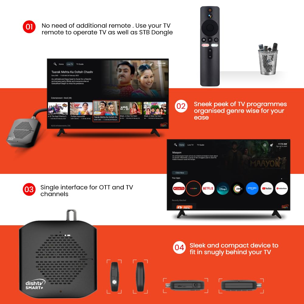DishTV Smart+ HD Set-Top Box Dongle 3-Month Pack Watcho Max Free Antenna - Image 4