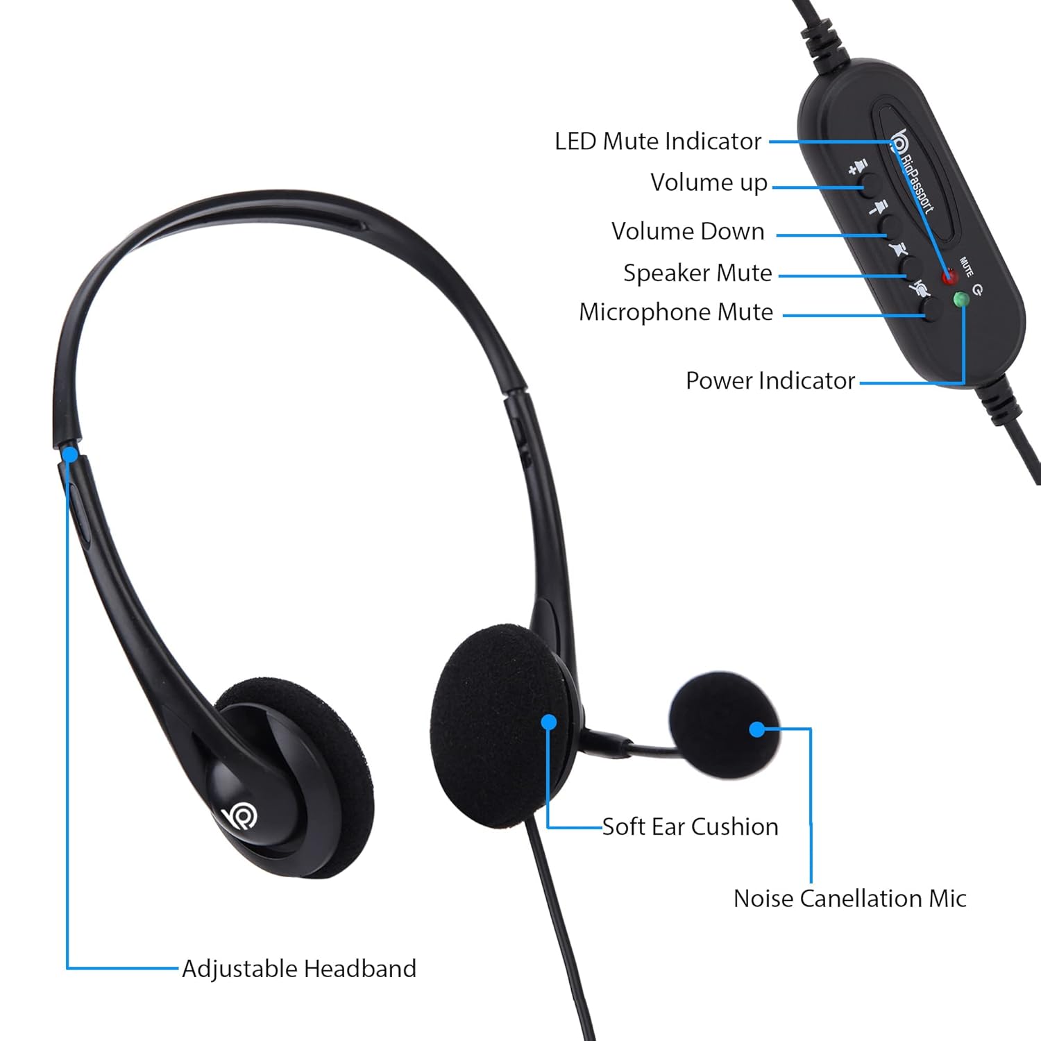 BigPassport USB Wired On-Ear Headphones with Microphone 491 Pro-Tech for Laptops and PCs - Image 2