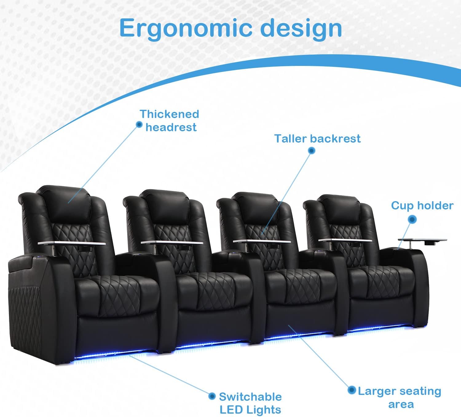 Black Top Grain Leather 4-Seat Home Theater Recliner Sofa with Power Headrest, Tray Table, and USB Charging - Image 4