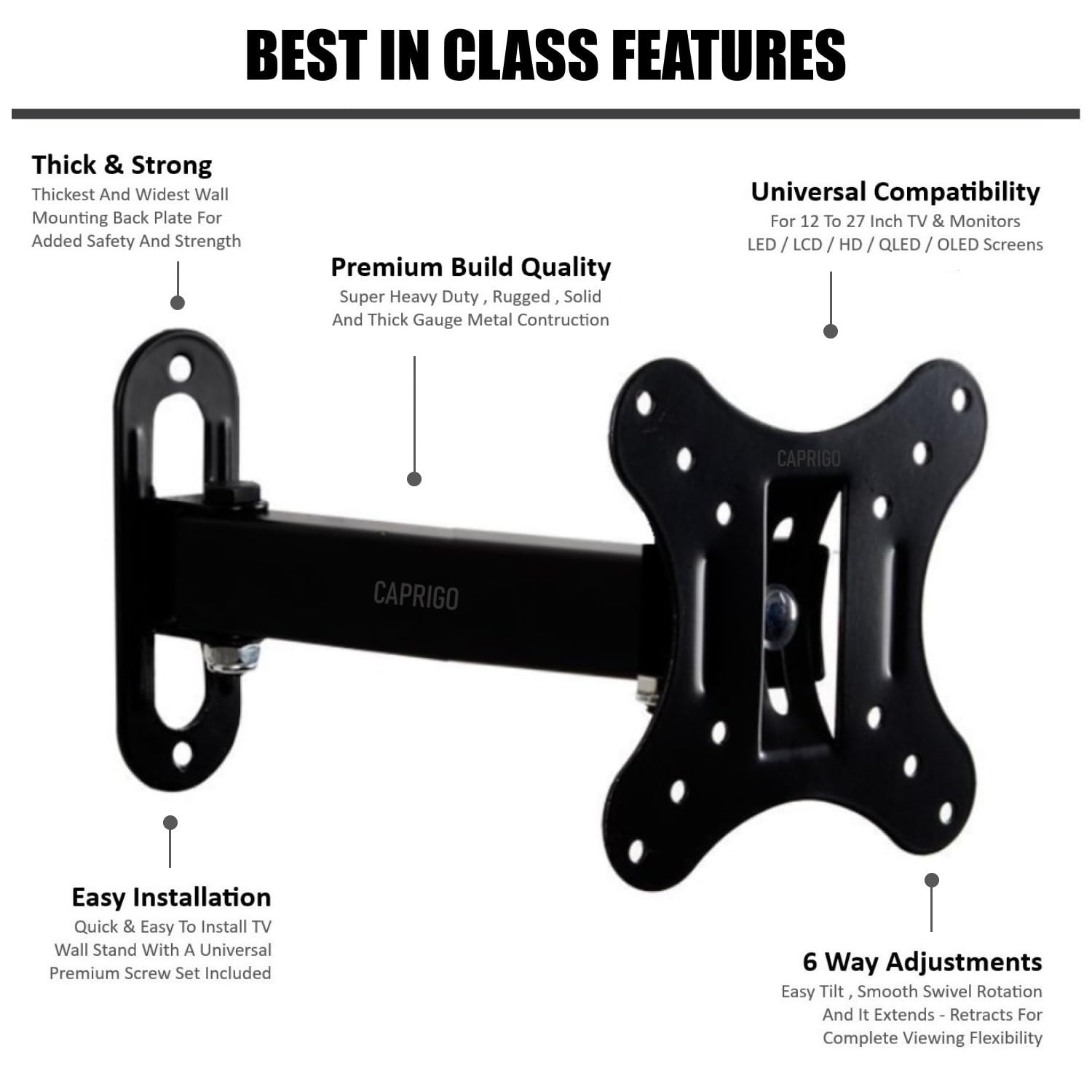 Caprigo Heavy Duty Full Motion TV Wall Mount for 12-27 Inch LED/LCD Monitors - Image 5