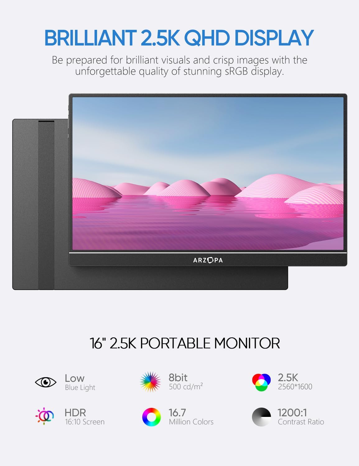 ARZOPA 16 Inch 2.5K QHD Portable Monitor 123% sRGB IPS Built-in Stand USB-C HDMI - Image 3