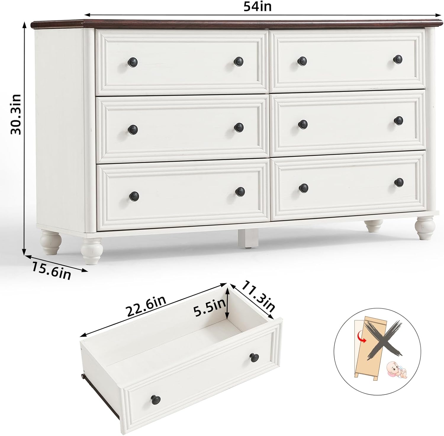 54 Inch Wide Farmhouse Wood Dresser with 6 Drawers Vintage Rustic Design for Bedroom Living Room - Image 2
