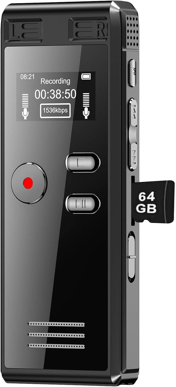 64GB Digital Voice Activated Recorder with Playback - 4552 Hrs Audio, HD Dual MIC, MP3 Player