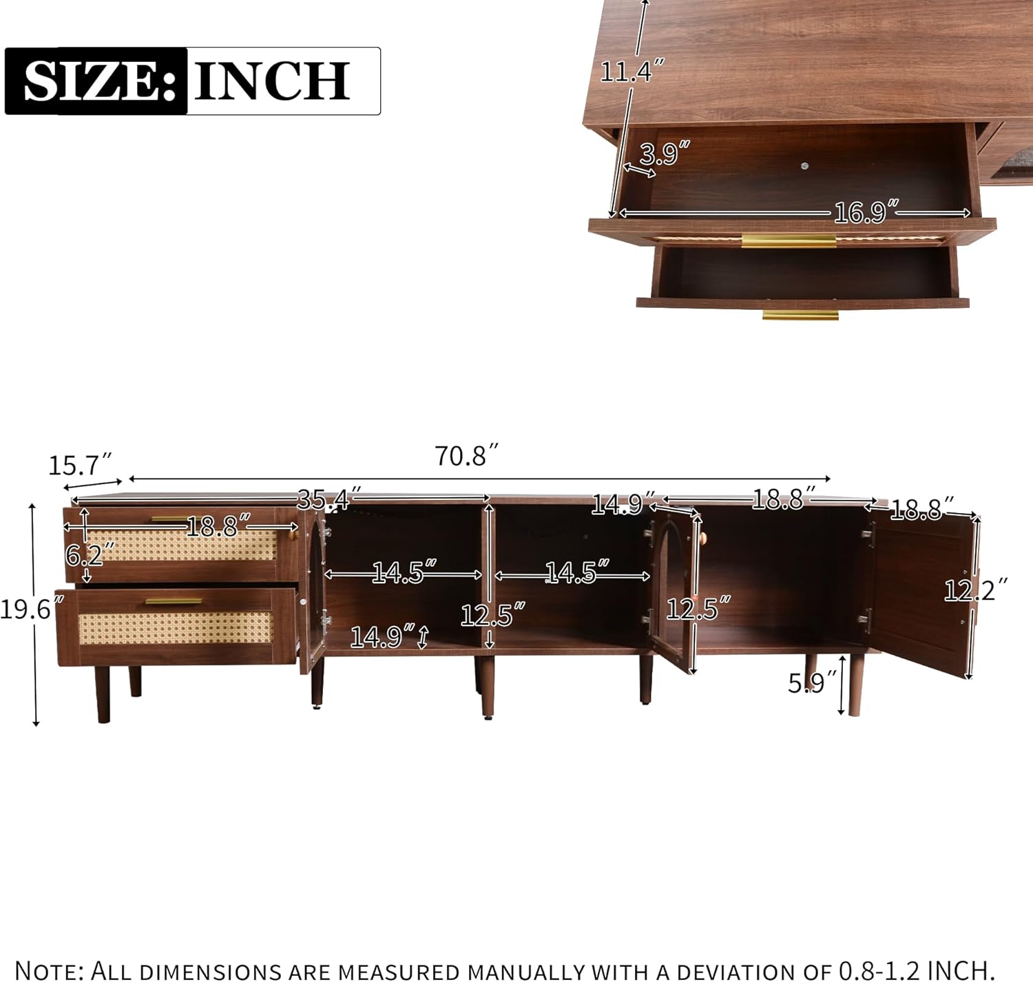 Merax Boho Dark Brown Entertainment Center Media Console with Rattan Decor and 3 Cabinets - Image 2