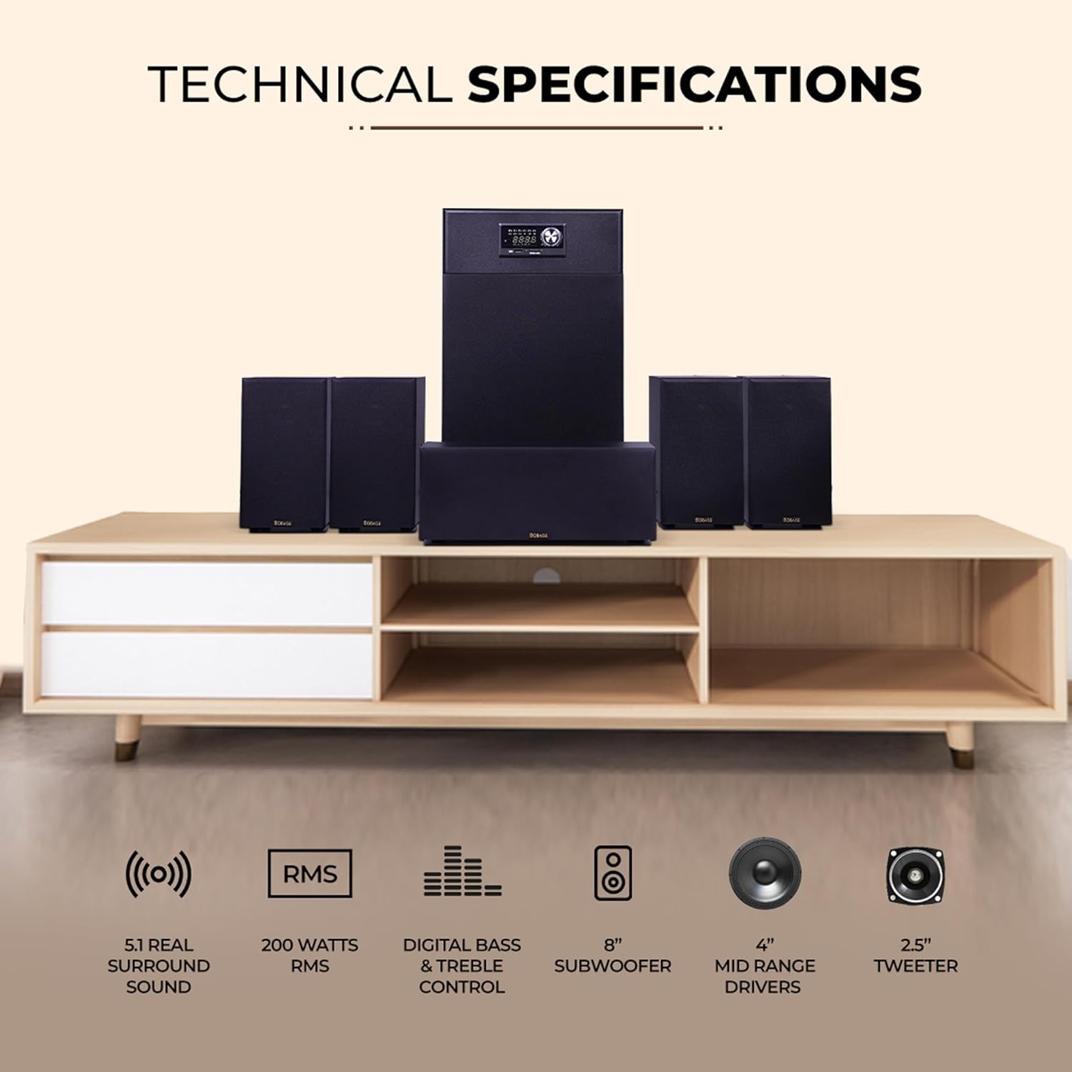 OBAGE New 5.1 CH Home Theater System 200W, 8" Subwoofer, BT v5.3, HDMI ARC, Dark Black - Image 5