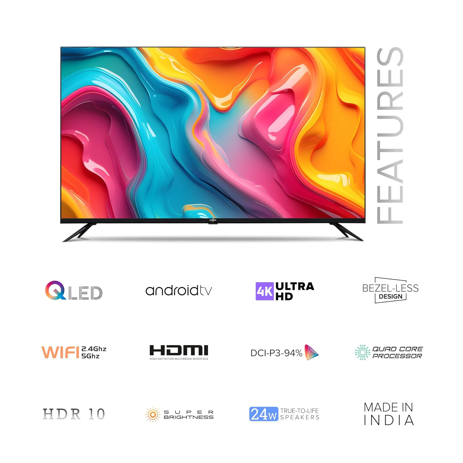 BAZEEGAR 43 Inch 4K Ultra HD Smart QLED Android TV BAZQL43F1 Black New - Image 2