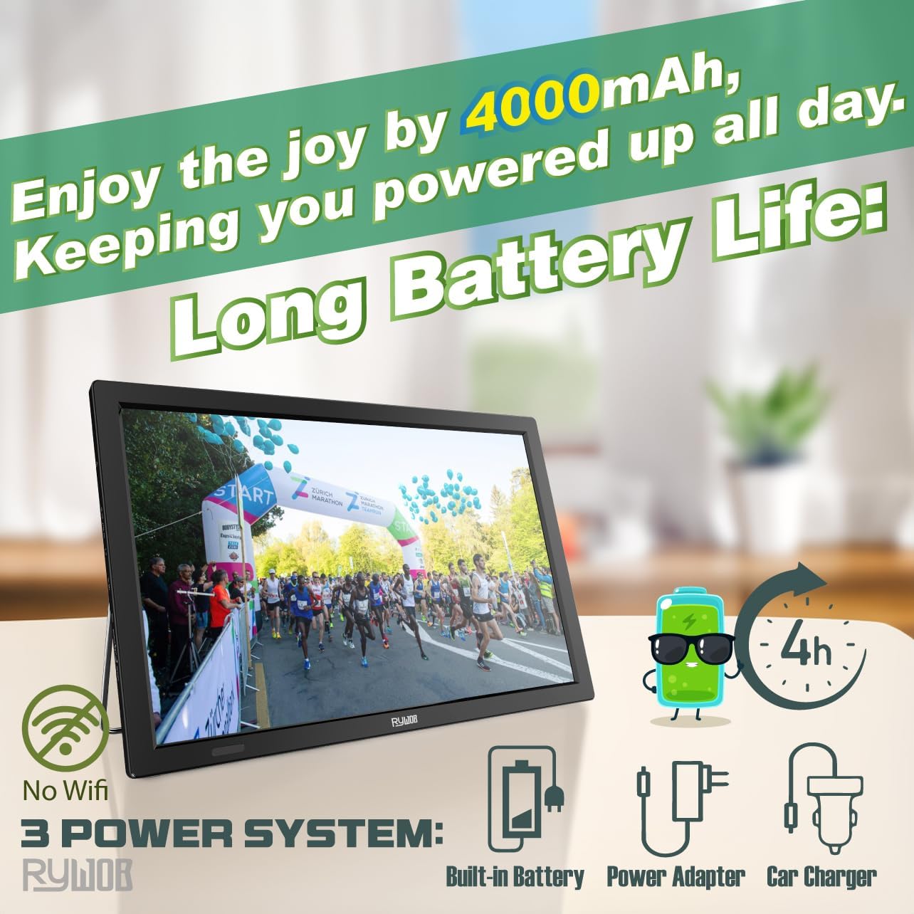 15.6 Inch Portable Digital TV ATSC 1080P LCD 4000mAh Battery HDMI USB AV Input Remote Stand - Image 2