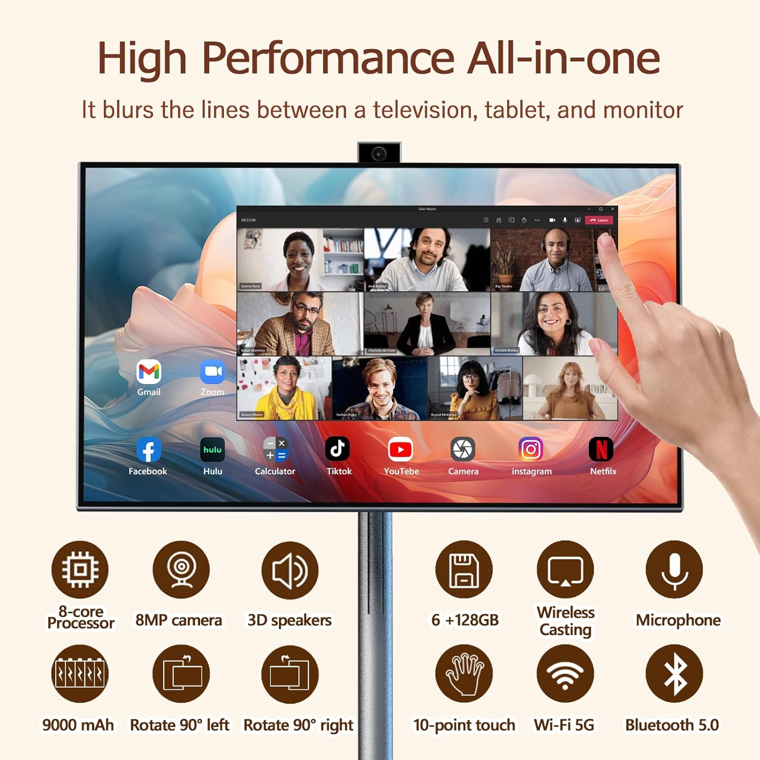 OFD 27 Inch Portable Touchscreen Monitor with Wheels, 1080p, 6+128GB Storage, Android 13 OS, Iron Gray - Image 2