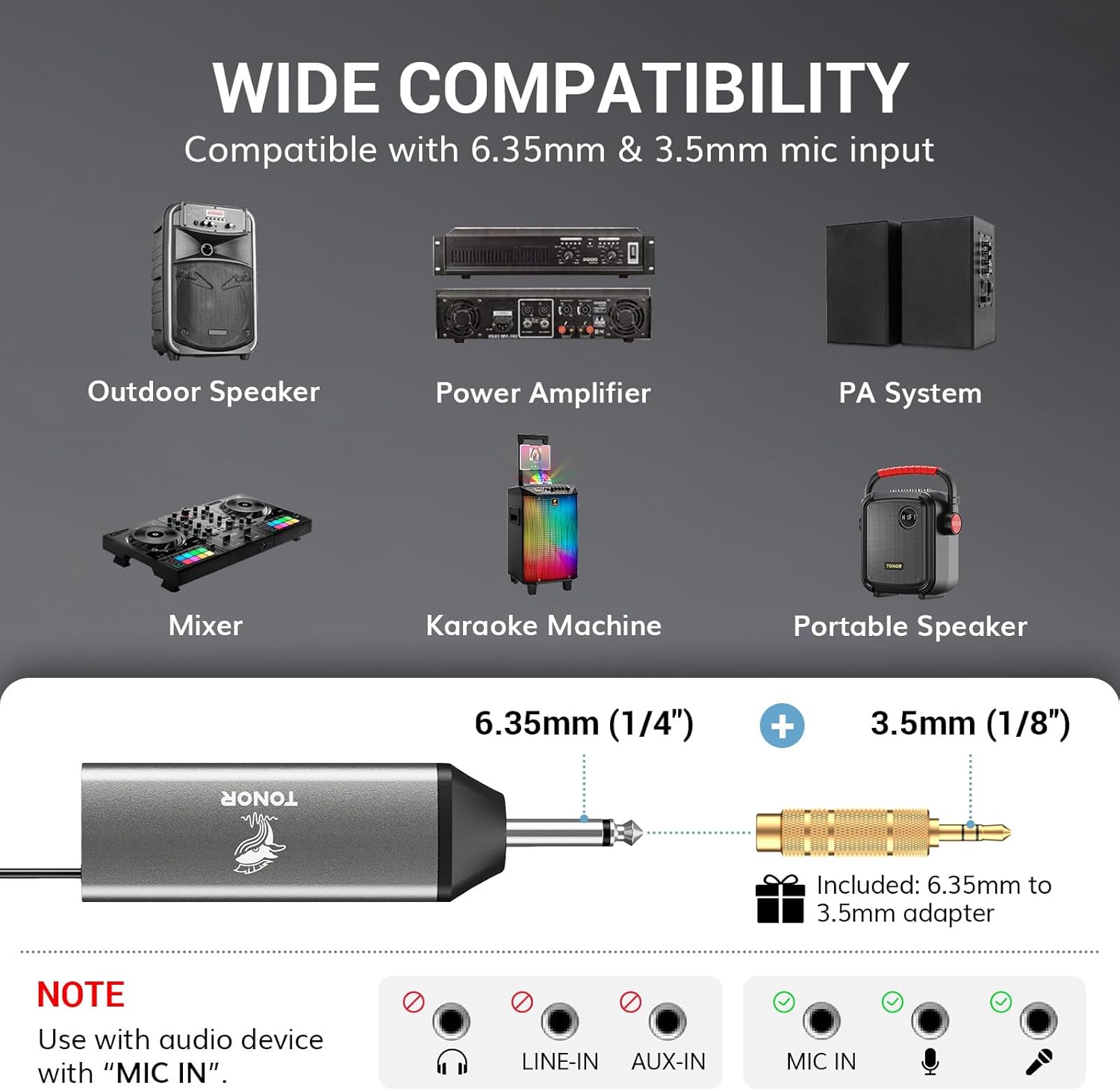 TONOR TW520 UHF Rechargeable Wireless Karaoke Microphone Set, 2x20 Channel Dynamic Mics, 262ft Range, Adjustable Volume - Image 7