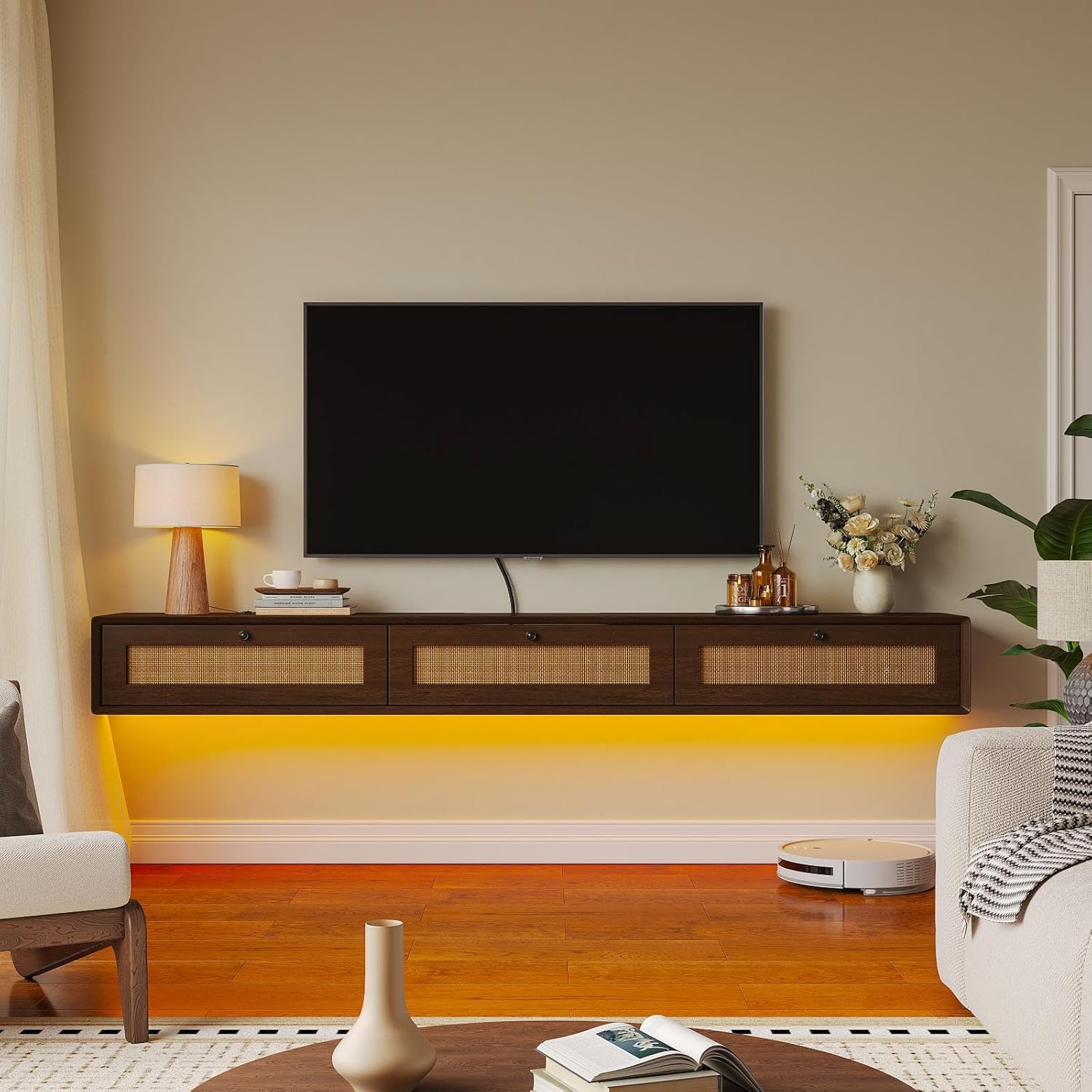 Rustic 55IN Floating TV Stand with 3 Rattan Doors, Modern Large Storage Media Console for Living Room - Image 3