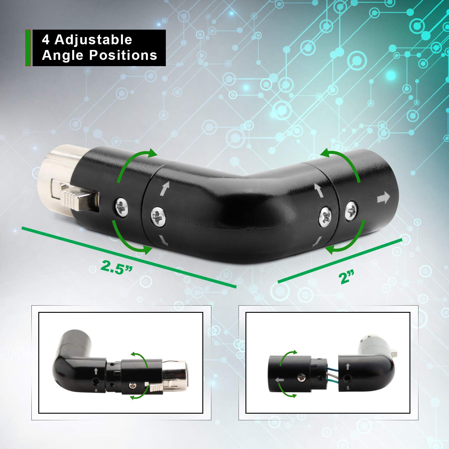 COLUBER CABLE 3-Pin XLR Angle Adapter, Dual Male Female L-Shape Metal Connector, 4 Positions for Microphones, Studio, Podcast Gear - Image 2