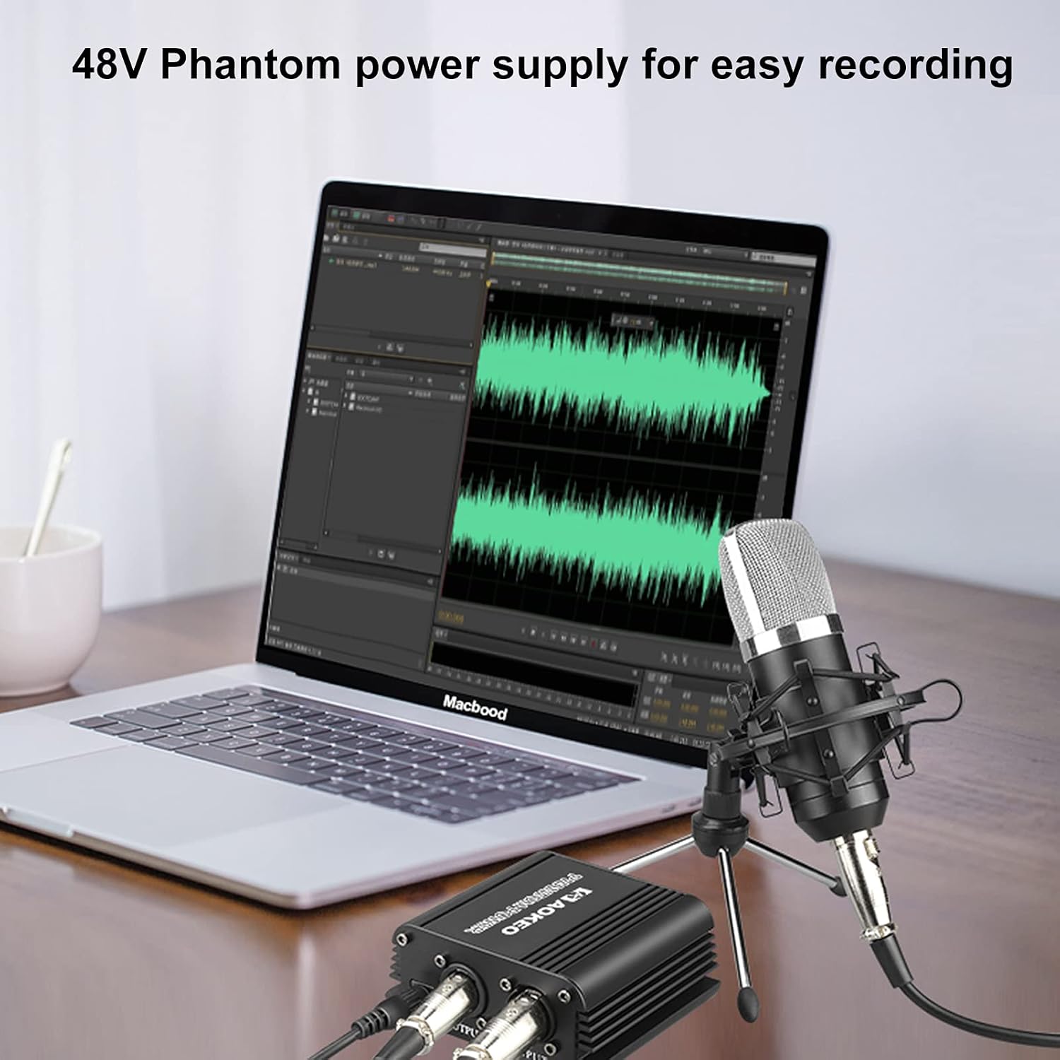 Aokeo 1-Channel 48V Phantom Power Supply with XLR Cable for Condenser Microphones - Image 2