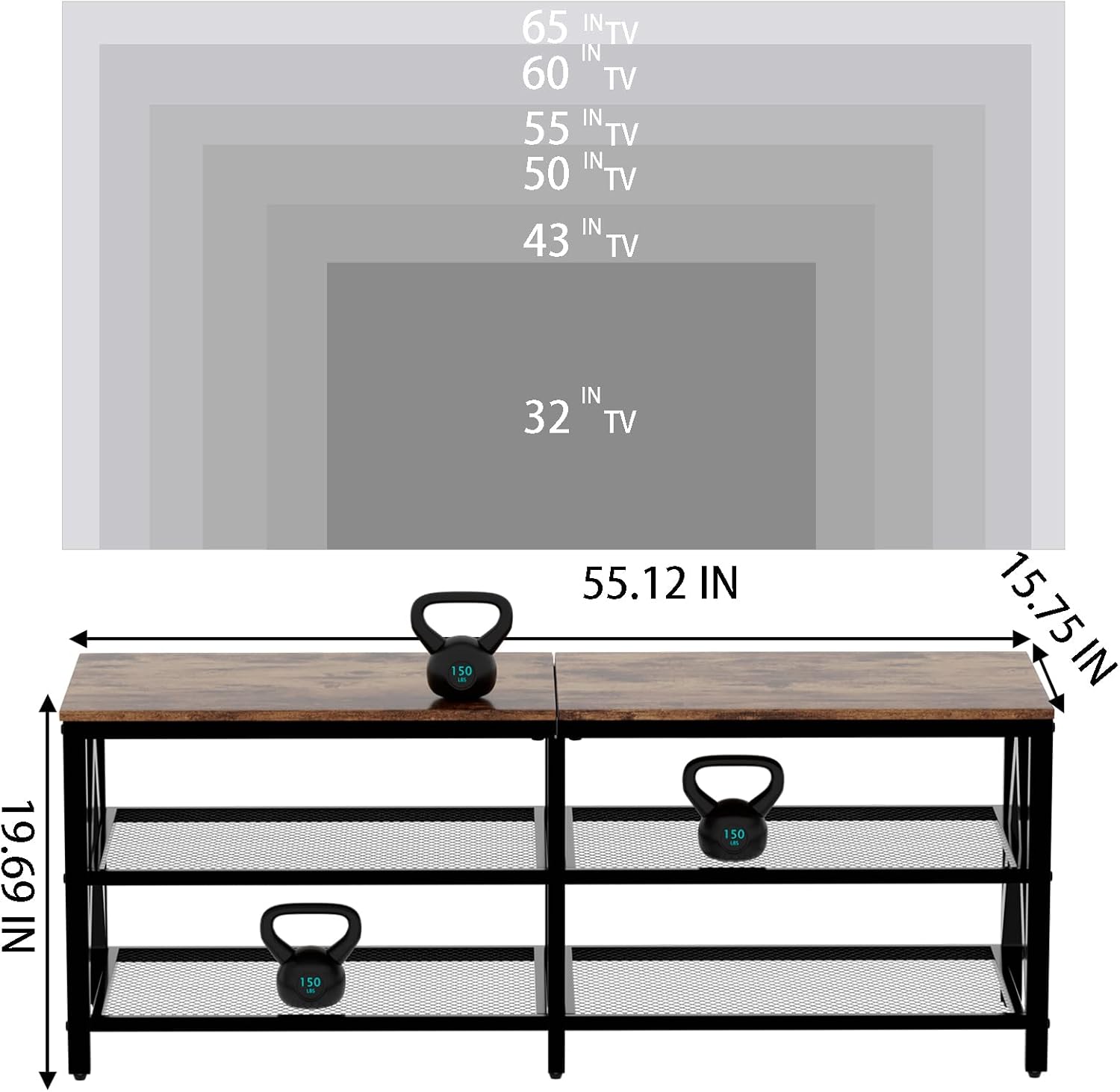 Rustic Brown 55 Inch TV Stand with 3 Tier Storage Shelves for Living Room - Image 4