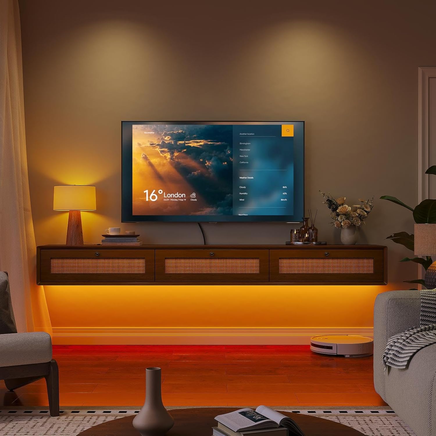 Rustic 55IN Floating TV Stand with 3 Rattan Doors, Modern Large Storage Media Console for Living Room - Image 6