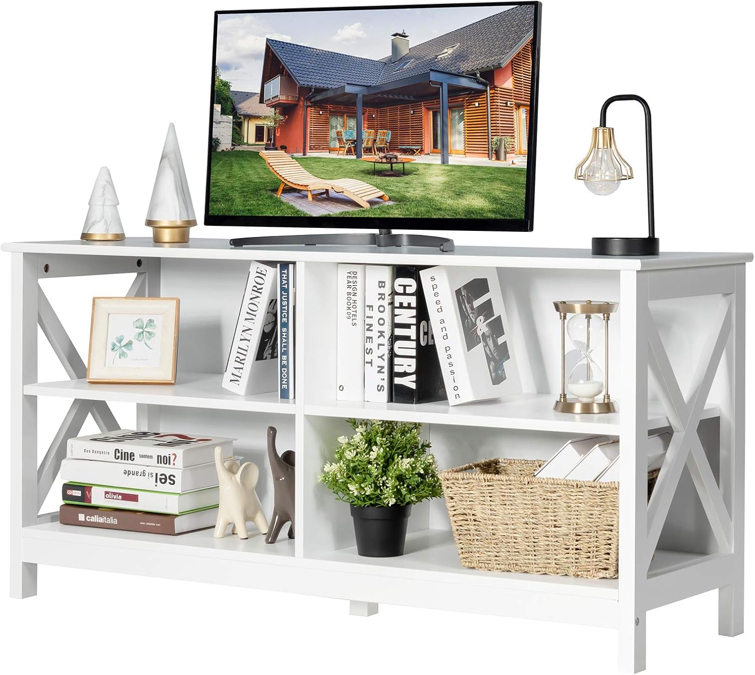 Tangkula White Farmhouse TV Stand Entertainment Center, 47 Inch, 4 Open Shelves, X-Frame - Image 9