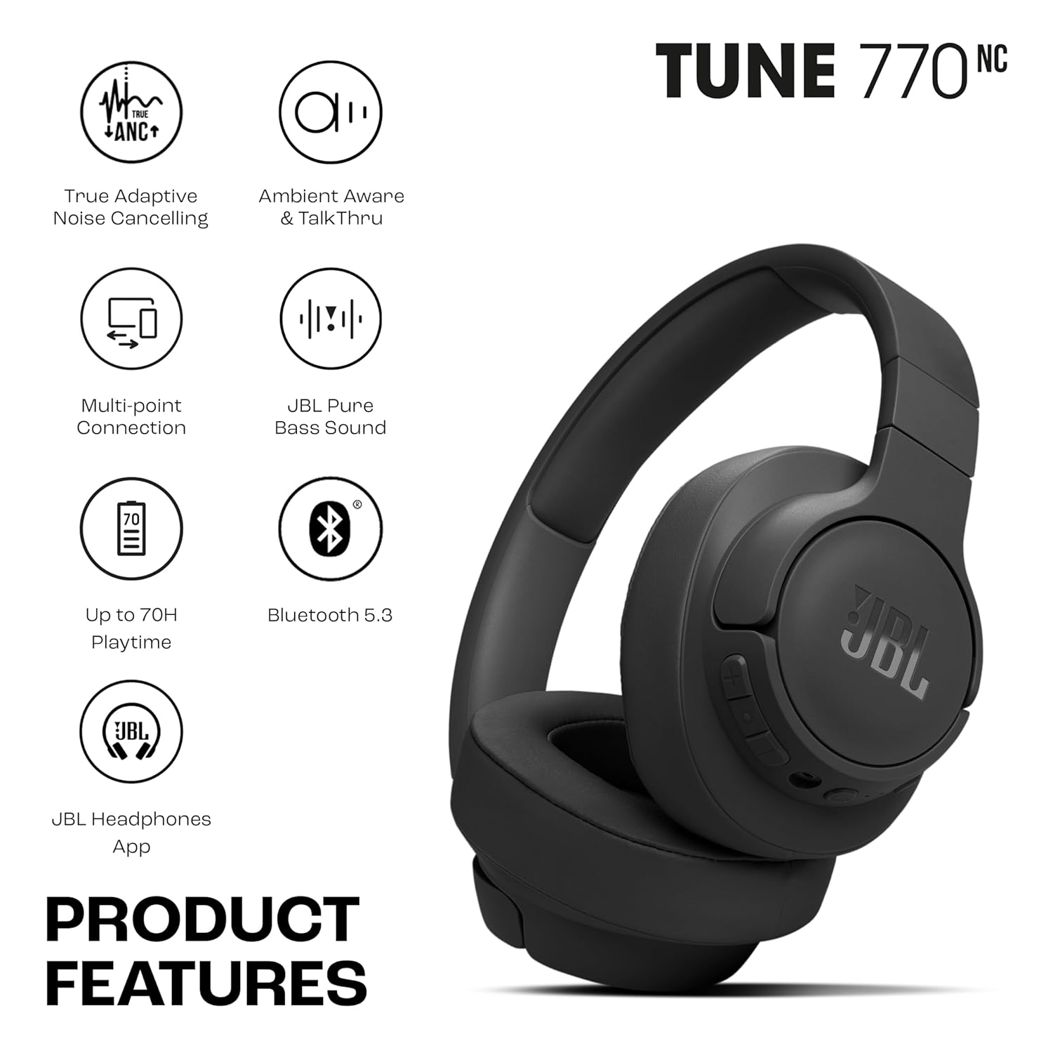 JBL Tune 770NC Wireless Over-Ear Headphones with Mic, Black, 70-Hour Battery, Speed Charge - Image 2