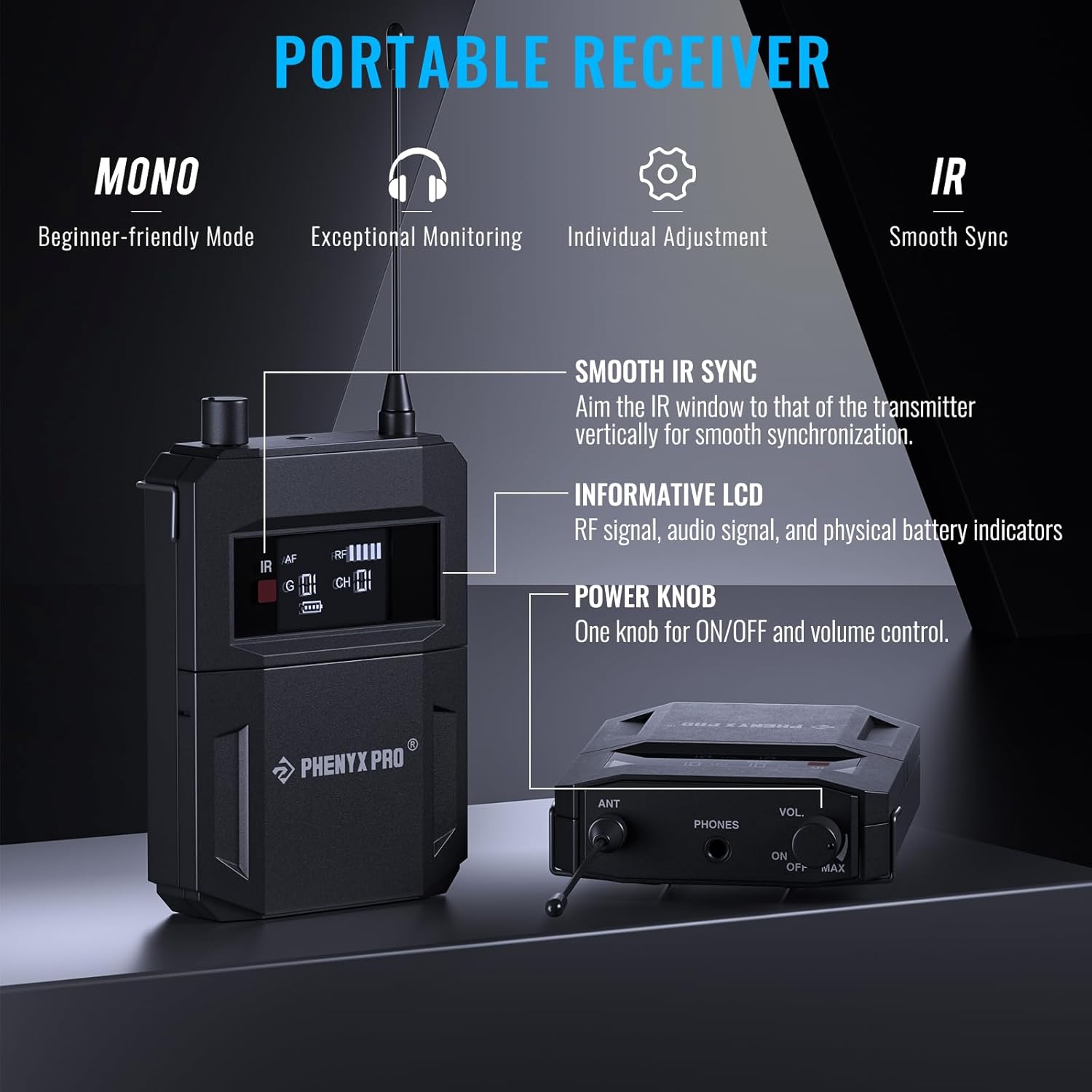 Phenyx Pro Dual-Channel UHF Wireless In Ear Monitor System with 4 Bodypacks 164 ft Range - Image 3