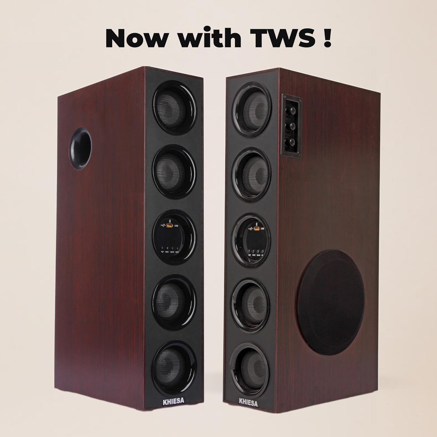 Khiesa Tower 2 105W Single Home Theatre Speaker System Walnut Brown Wooden Finish Karaoke Bluetooth 5.0 Aux FM USB - Image 2