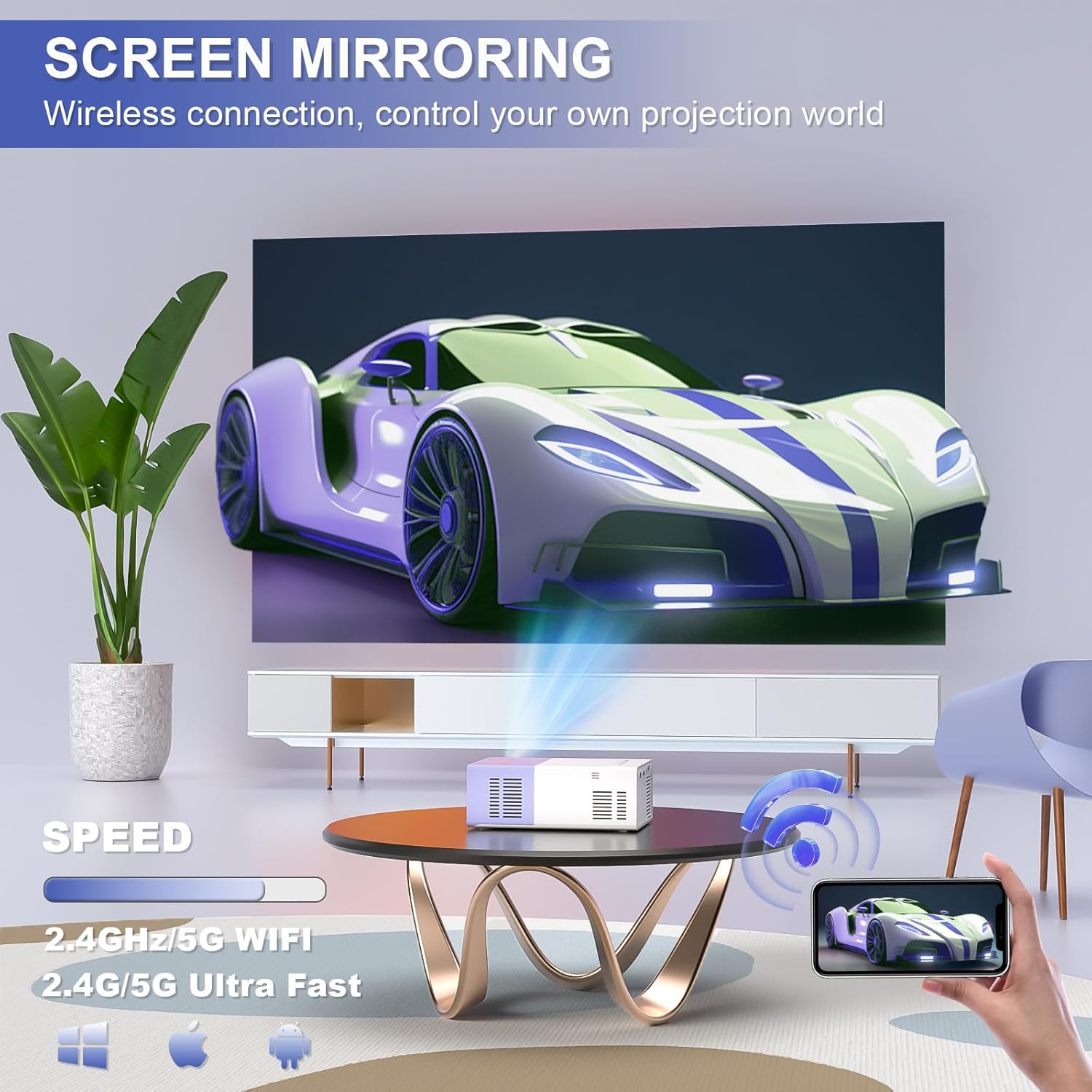Portable WiFi 1080P HD Mini Projector Outdoor Movie Compatible with Phone Tablet Laptop TV Stick - Purple White - Image 6