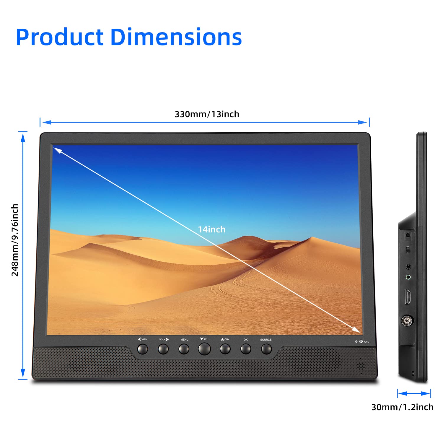 14-inch Portable TV Small Screen with Antenna, HDMI, USB, AV, ATSC Tuner, Battery Operated, Car Cord - Image 4