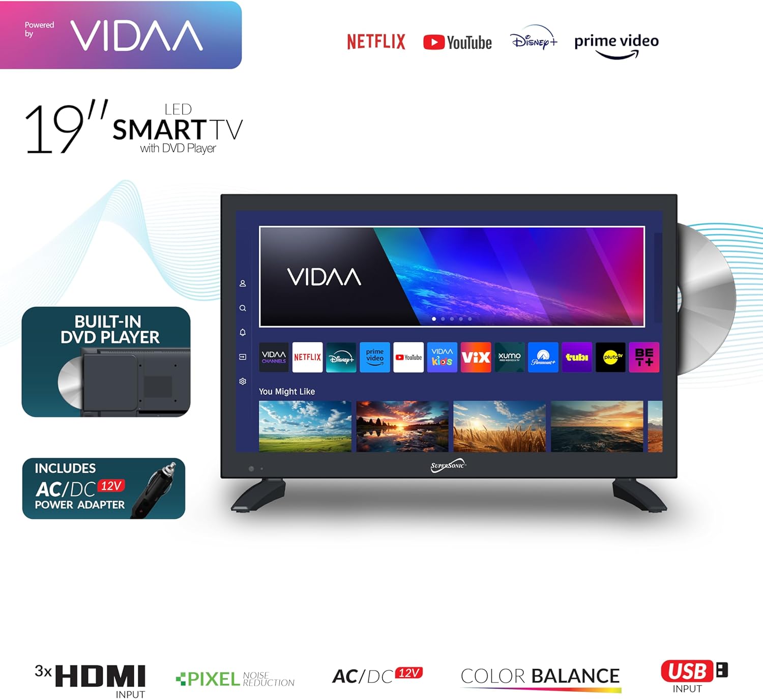 Supersonic 19-inch Smart LED HDTV with Built-in DVD Player, 1080p, WiFi, AC/DC Compatible - Image 2