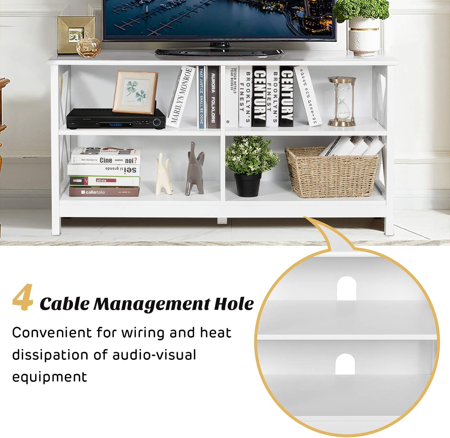 Tangkula White Farmhouse TV Stand Entertainment Center, 47 Inch, 4 Open Shelves, X-Frame - Image 7