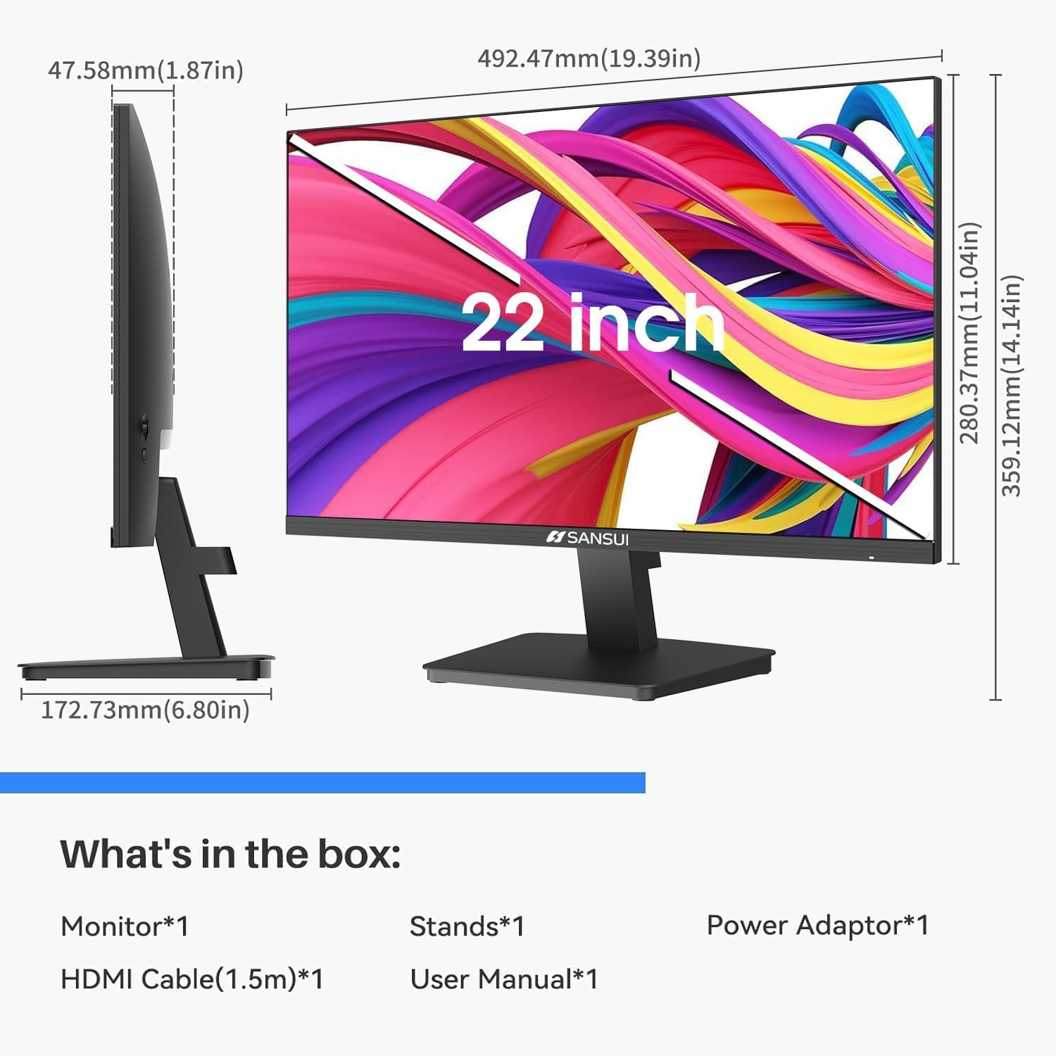 SANSUI 22-inch 1080p FHD 75Hz Computer Monitor, HDMI/VGA, Slim Bezel, Ergonomic Tilt, Eye Care LED, New - Image 8