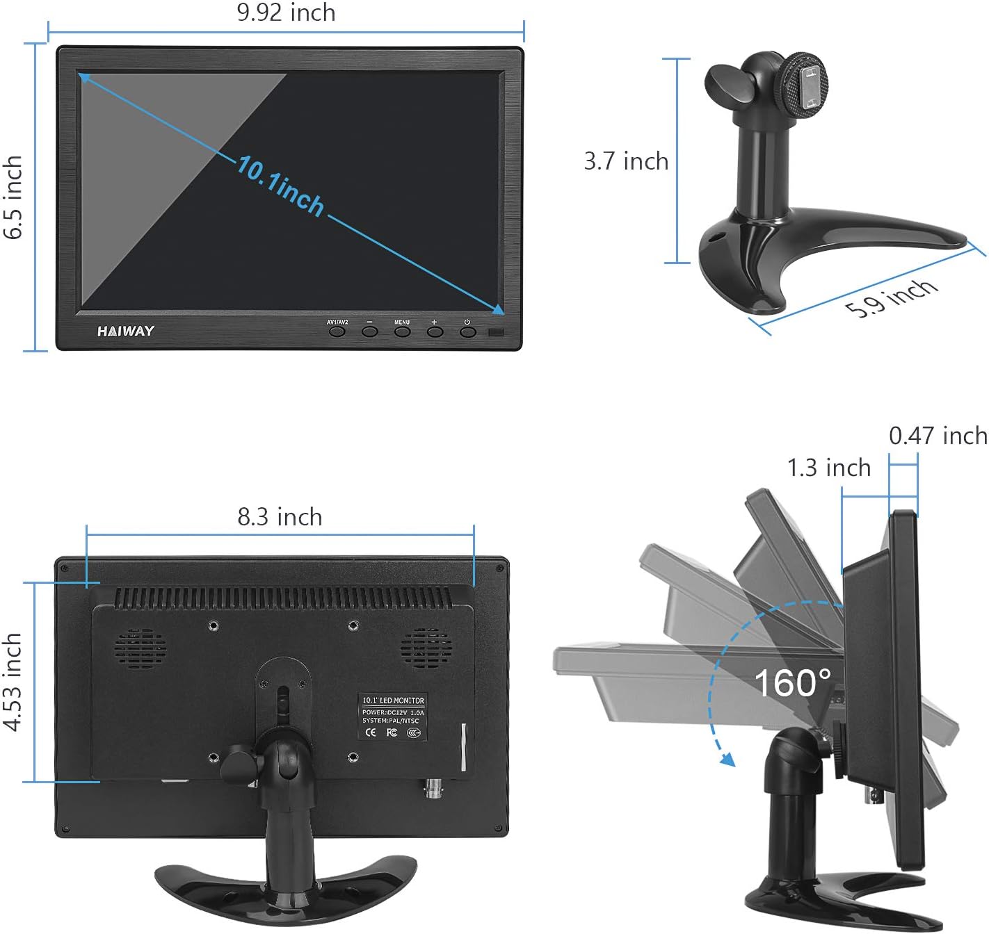 10.1 Inch Small HDMI Security Monitor 1366x768 with Remote Dual Speakers USB VGA BNC for PC Gaming - Image 8