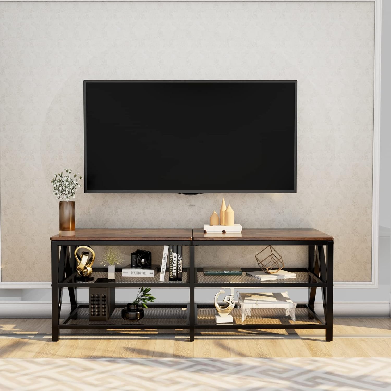 Rustic Brown 55 Inch TV Stand with 3 Tier Storage Shelves for Living Room - Image 6