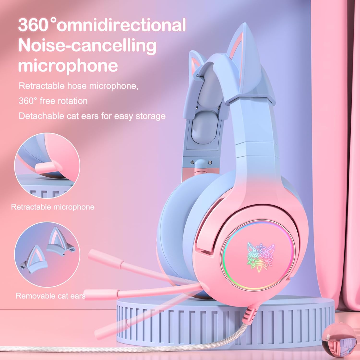 PHNIXGAM Gradient Pink Blue Cat Ear Gaming Headset for PS5, PS4, Xbox One with RGB Backlight and Retractable Microphone - Image 3