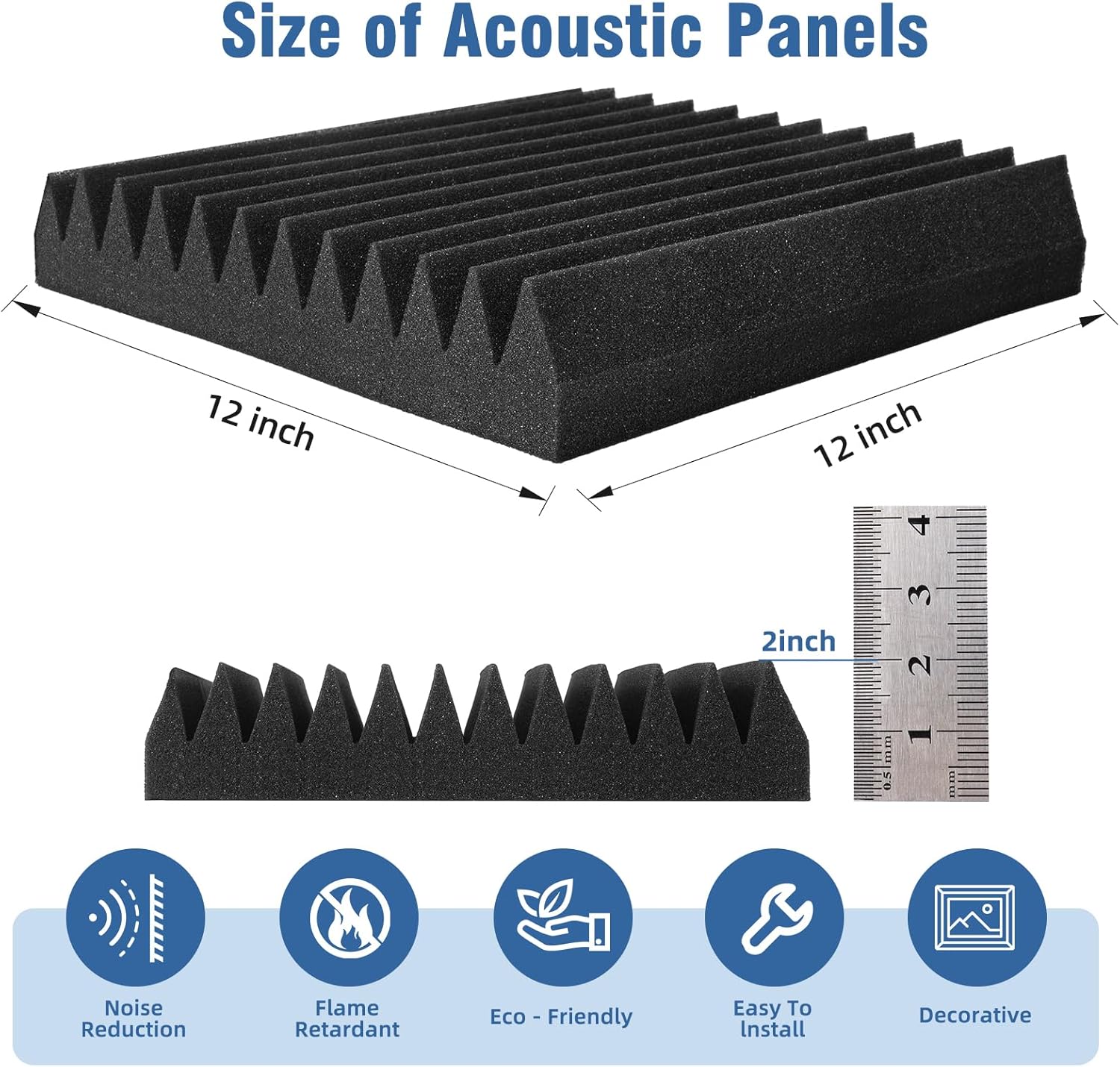 Sound Absorbing Acoustic Panels for Walls 2"x12"x12" Black 50 Pack Fire Resistant Studio Recording - Image 3
