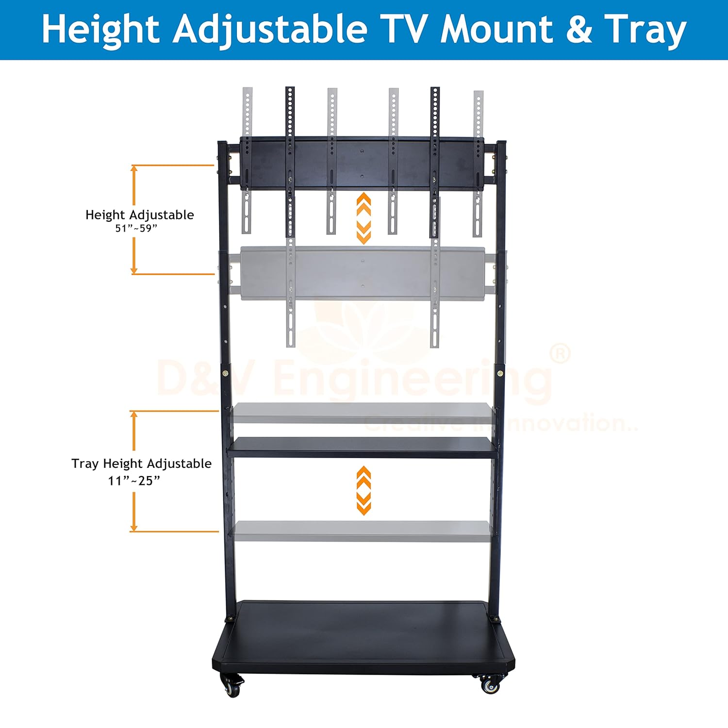 D&V ENGINEERING Adjustable Metal Mobile TV Stand for 32-70 Inch Screens, 200 Kg Capacity - Image 3