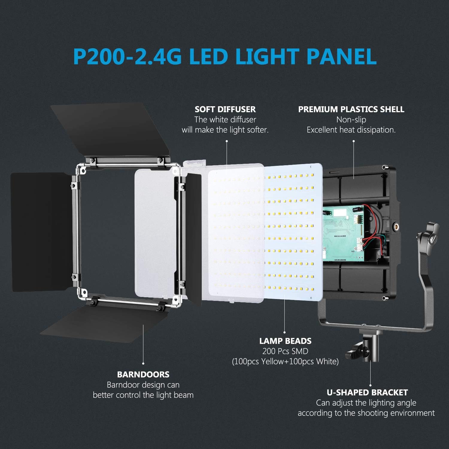 Neewer 2-Pack 2.4G Bi-Color LED Video Light Kit with 2M Stands, CRI 96+, Barndoors, LCD, Remote, Case - Image 2