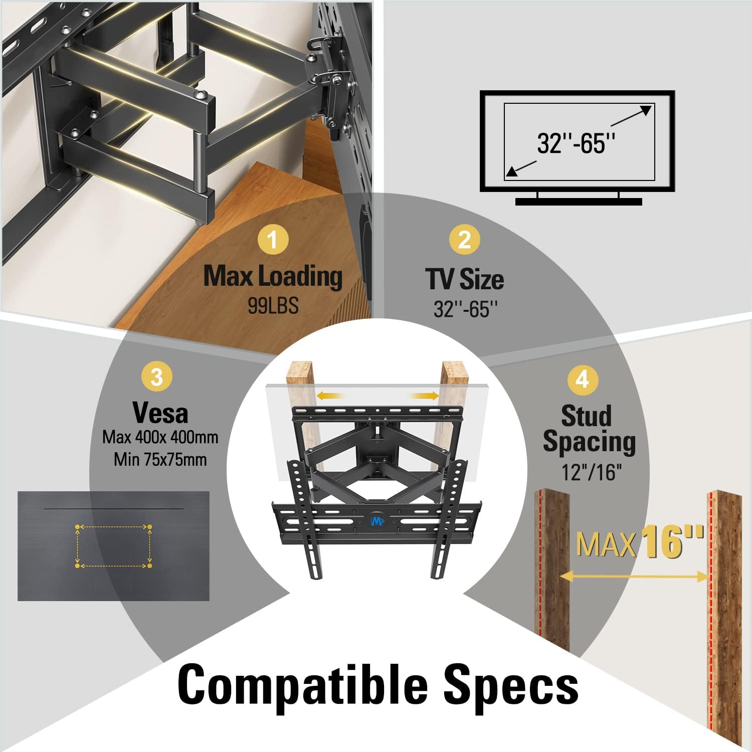 Mounting Dream Full Motion TV Wall Mount for 32-65 Inch TVs, Dual Articulating Arms, 99lbs Capacity - Image 7