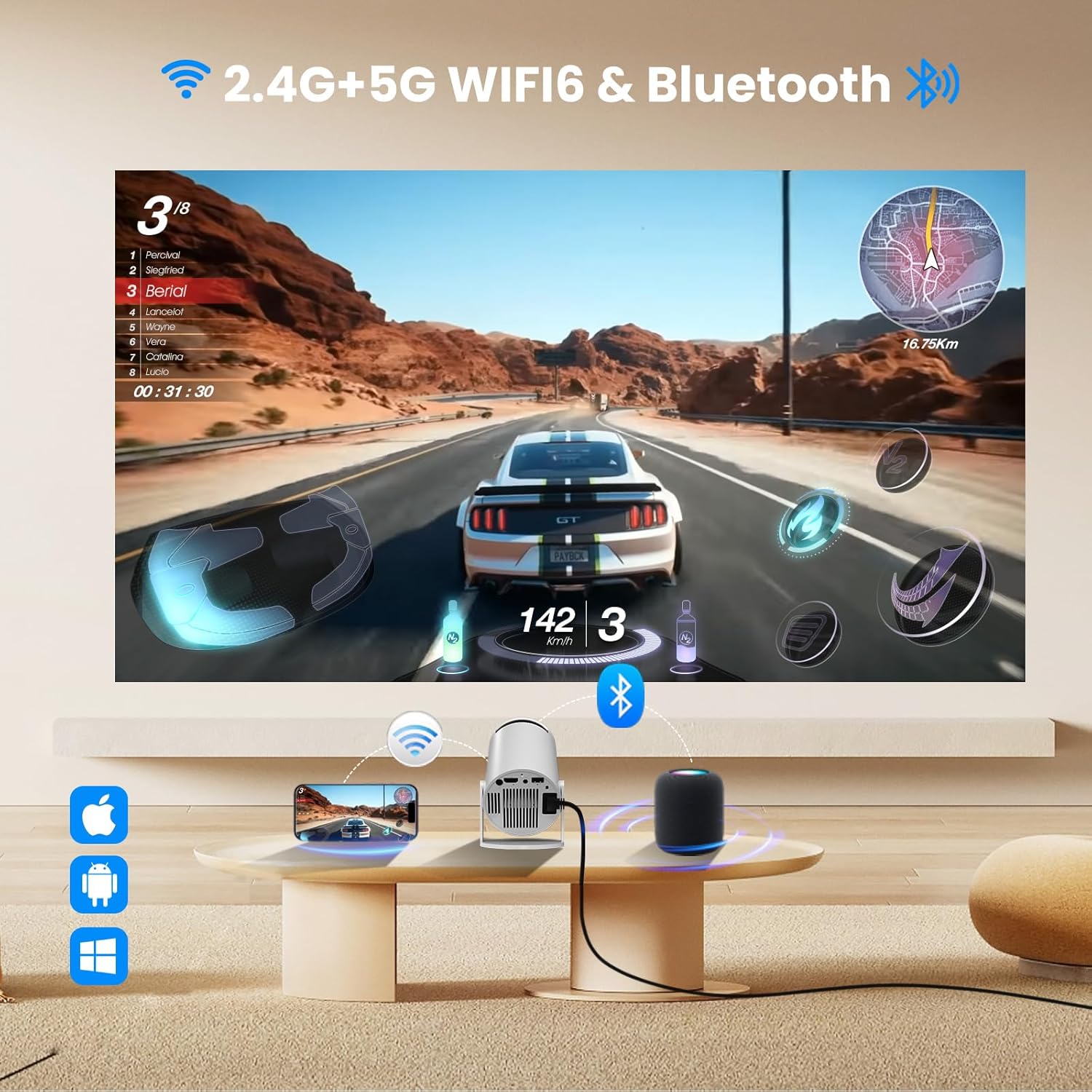 Smart Mini Portable Projector 350ANSI Android 11.0 WiFi Bluetooth 180° Adjustable Stand White - Image 4