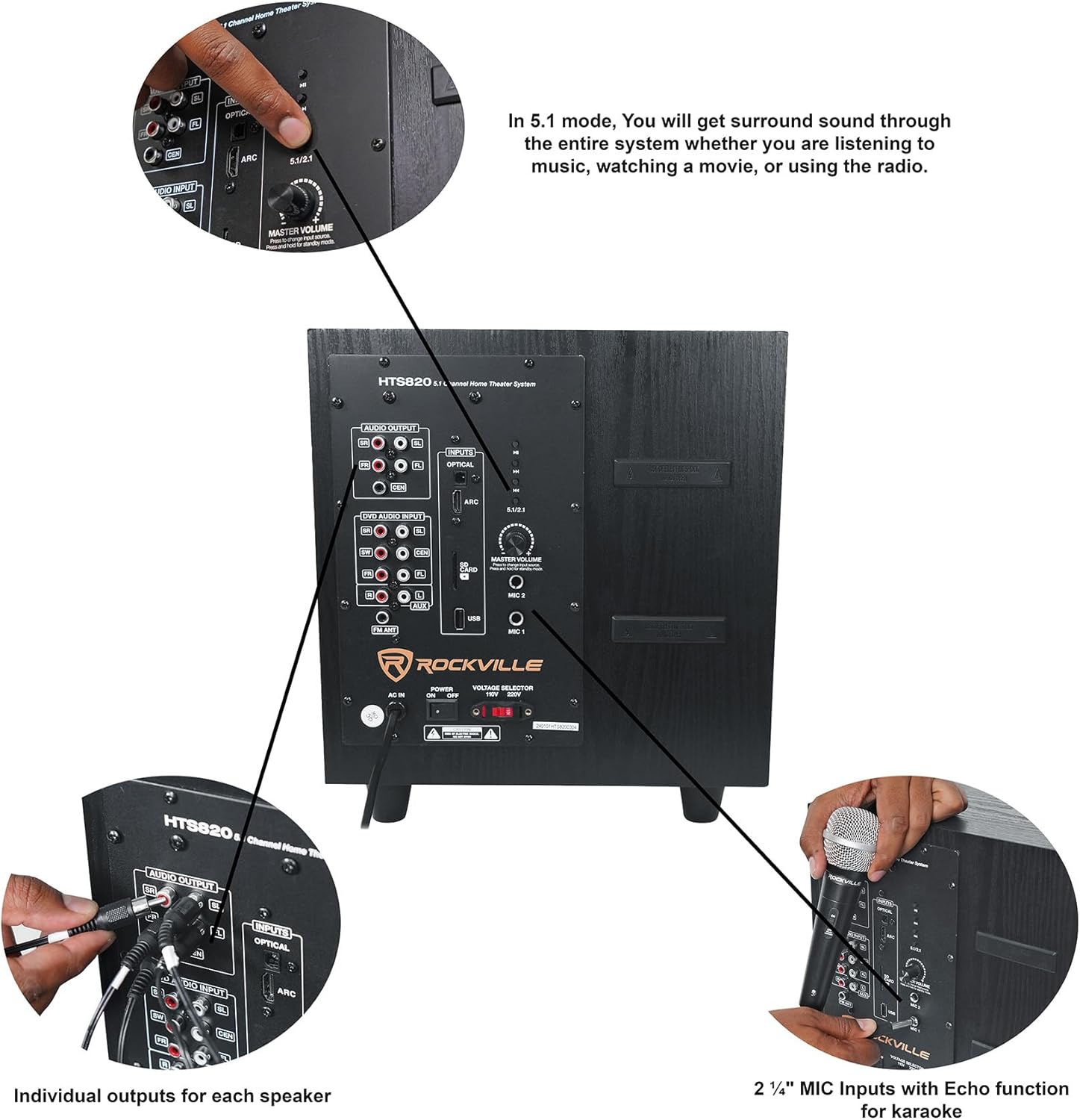 Rockville HTS820 1500W 5.1 Channel Home Theater System Bluetooth USB 8" Subwoofer Black - Image 6