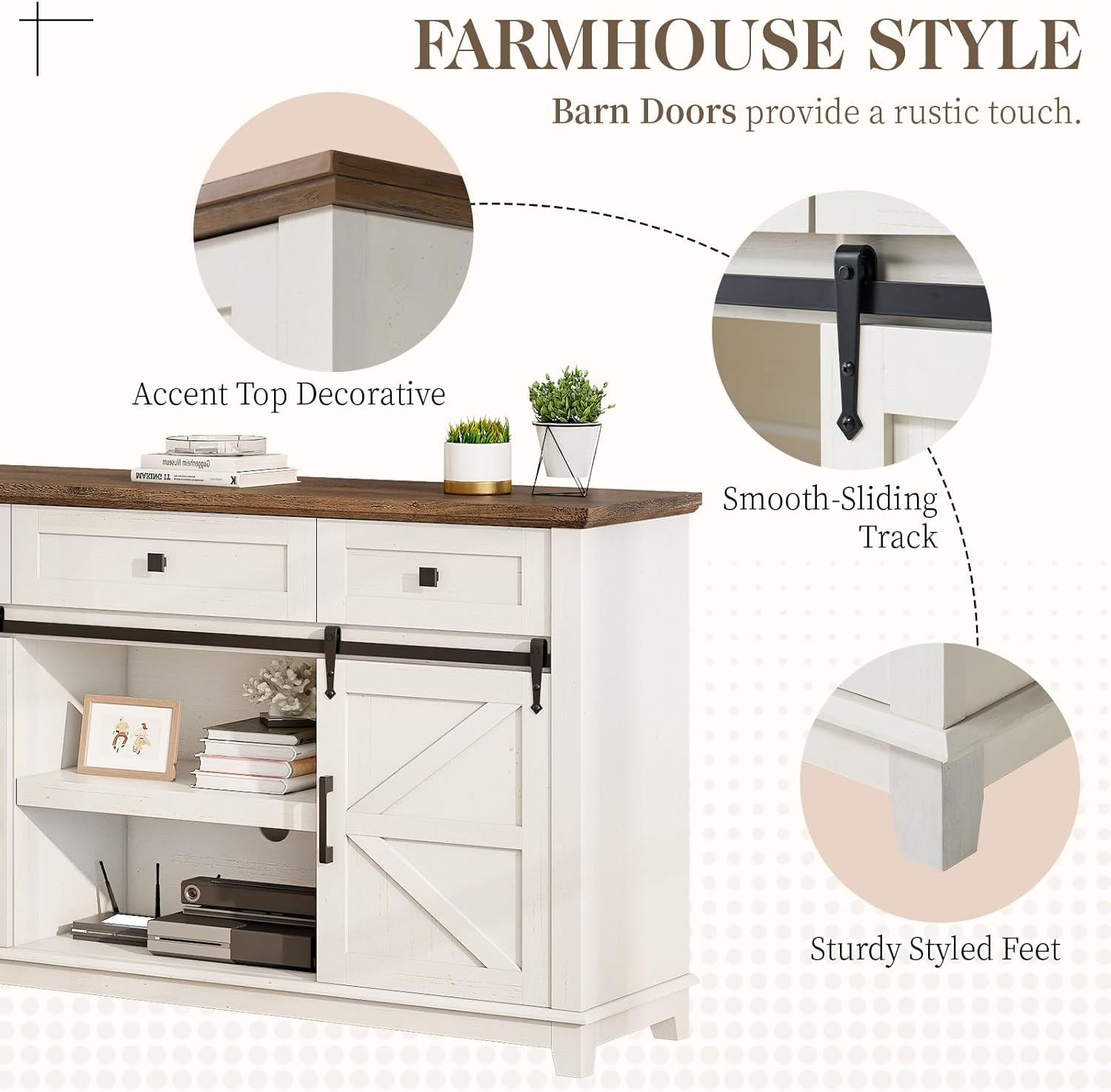 59 Inch Rustic White Barnwood Farmhouse TV Stand with Sliding Door and Drawer Buffet Storage - Image 5