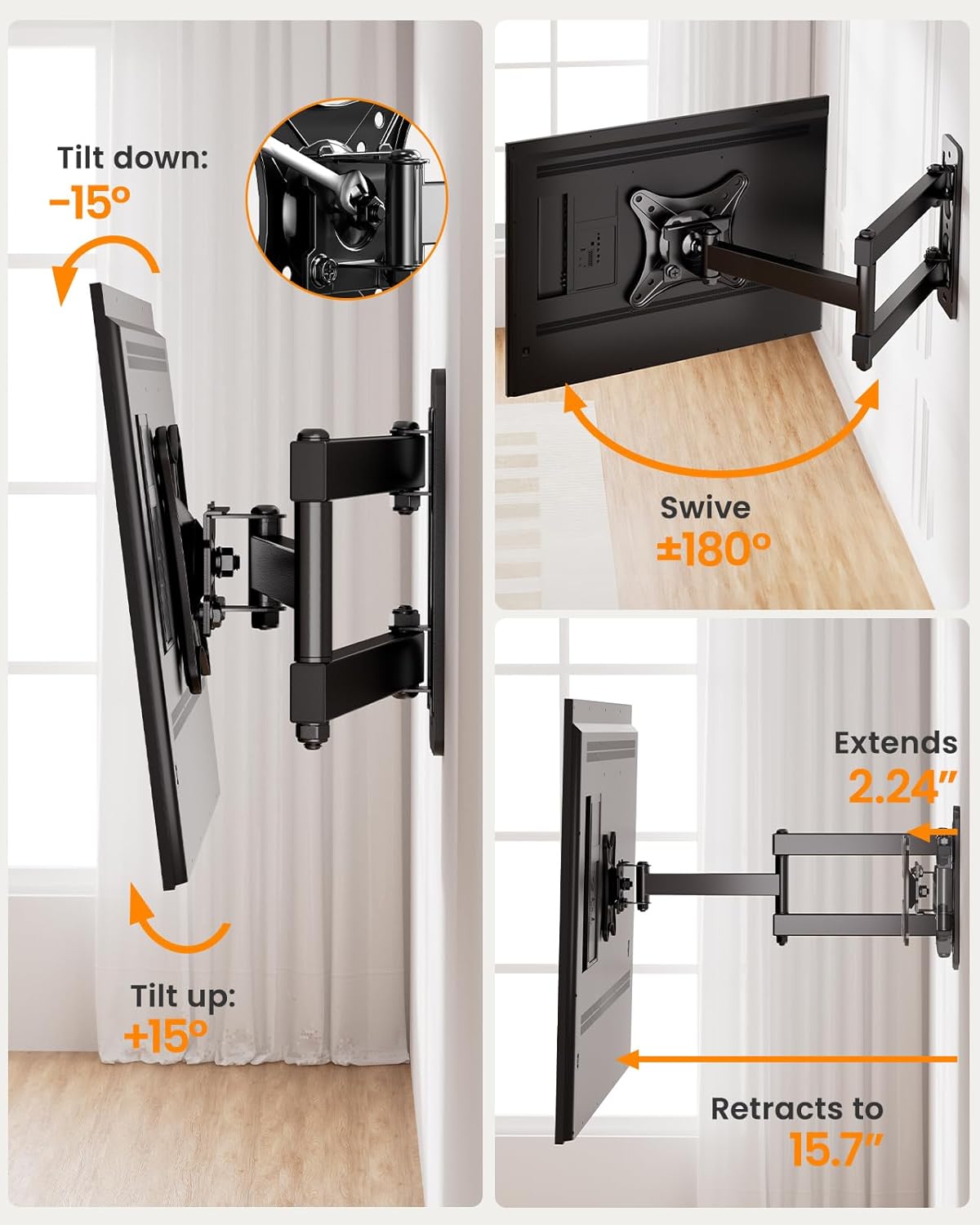 Articulating Full Motion TV Monitor Wall Mount Bracket 13-32 Inch LED LCD Flat Curved Screen 360° Rotation Swivel Tilt Extension Max VESA 100x100mm up to 33lbs - Image 2