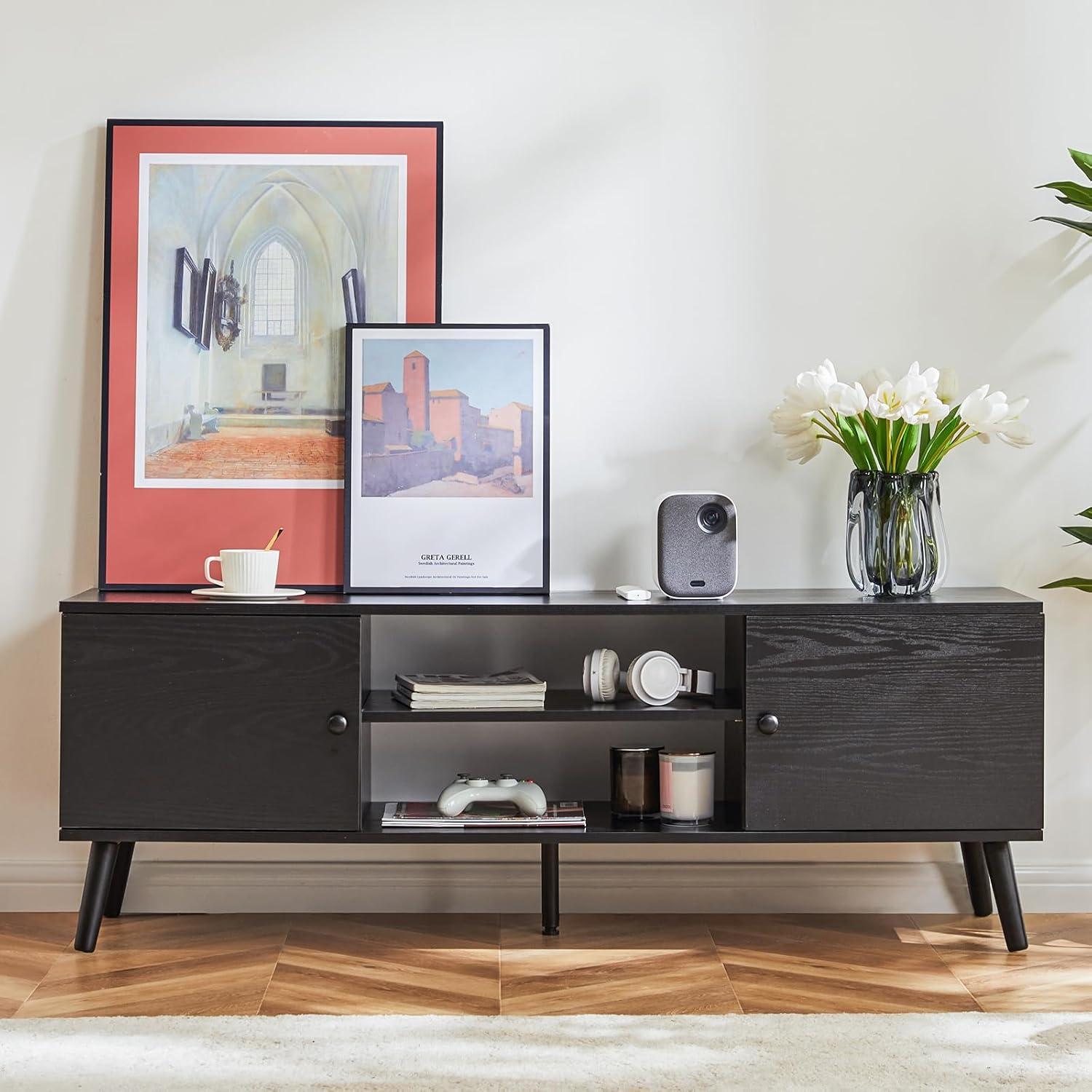DUMOS Black Mid Century Modern TV Stand for 55-60 Inch TVs with Storage Cabinet - Image 2