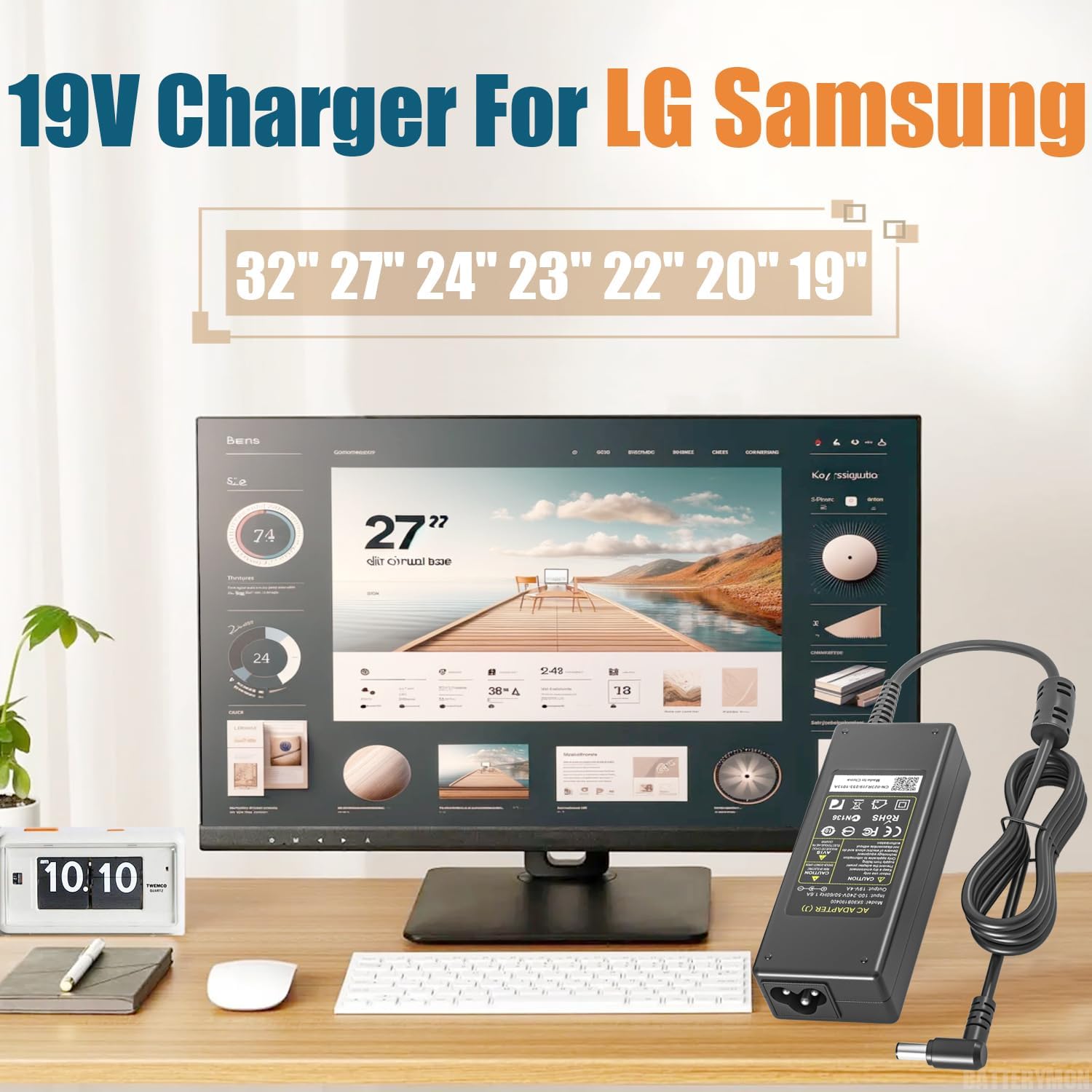 19V LG Monitor Charger Power Cord for 27GL83A-B 27GN800-B 27MK600M-B 27MP38VQ 32UD99 27EA63 32GN600 29WK50S 24M47VQ 22LN4510 20-32 Inch TVs HW-S61B - Image 2