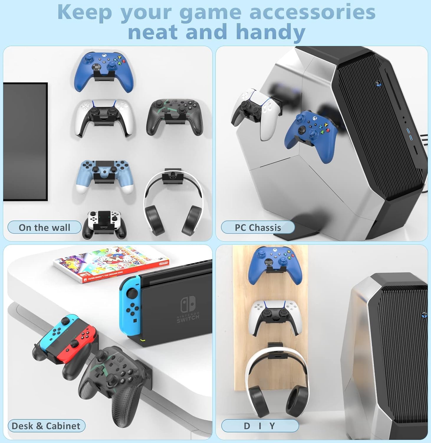 Adjustable 4-Piece Video Game Controller & Headphone Wall Mount Stand Holder for PS3 PS4 PS5 Xbox 360 One Series - Image 6