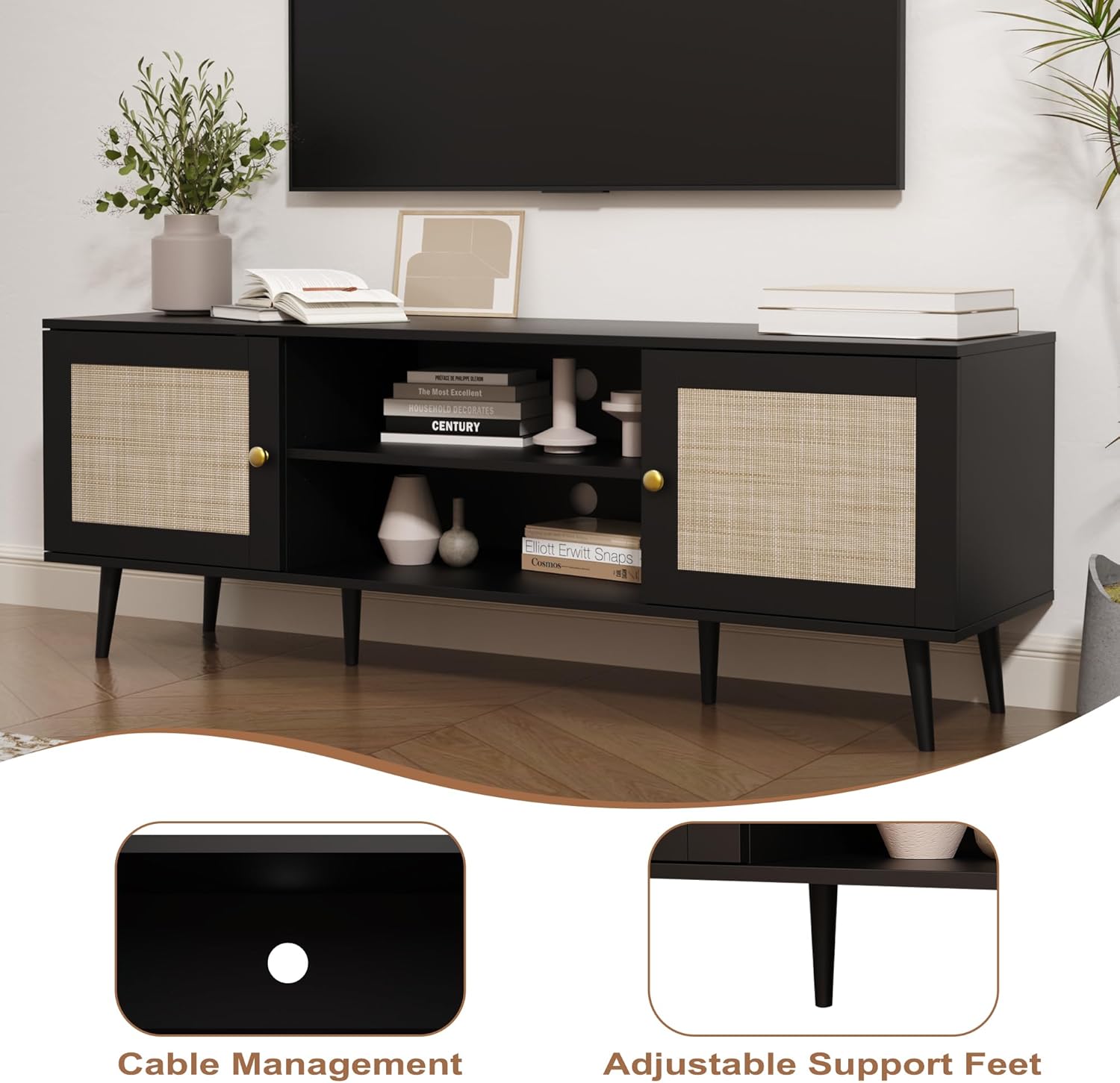 Black 59 Inch Rattan TV Stand for 55-70 Inch TVs, Boho Media Console with Storage and Adjustable Shelf - Image 4