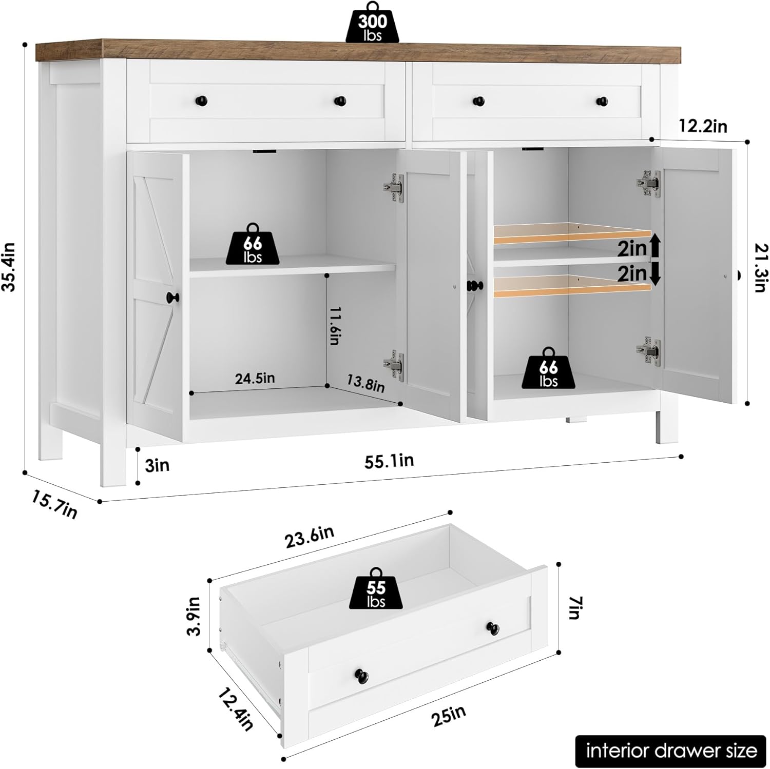 HOSTACK 55 Inch Modern Farmhouse Buffet Sideboard Cabinet with Drawers and Shelves White - Image 2